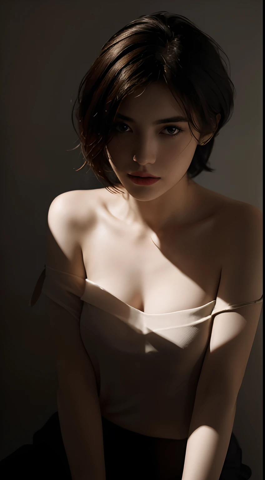 Best quality, masterpiece, ultra high res, (photorealistic:1.5), raw photo, 1girl, offshoulder, in the dark, deep shadow, low key, cold light, sexy look, short hair