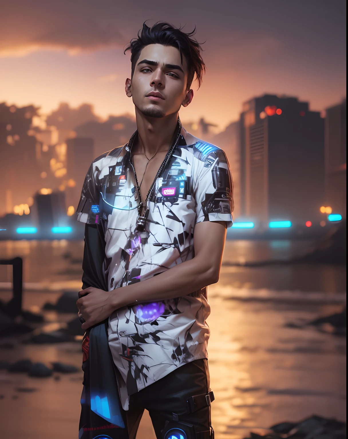 change background handsome boy,cyberpunk,realistic face
