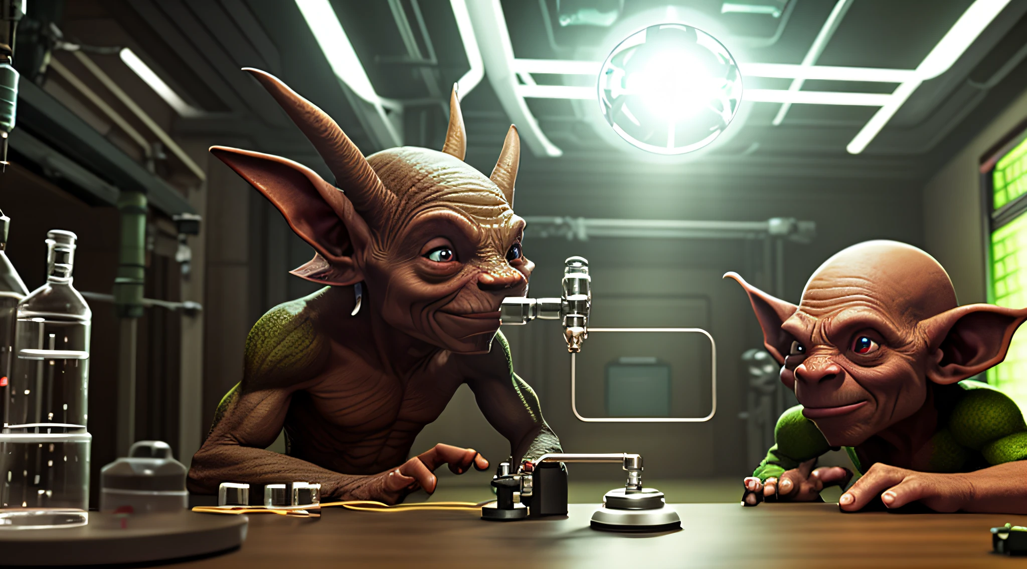 Create an image of a goblin using a mind-control device on an unwitting scientist in a research lab.