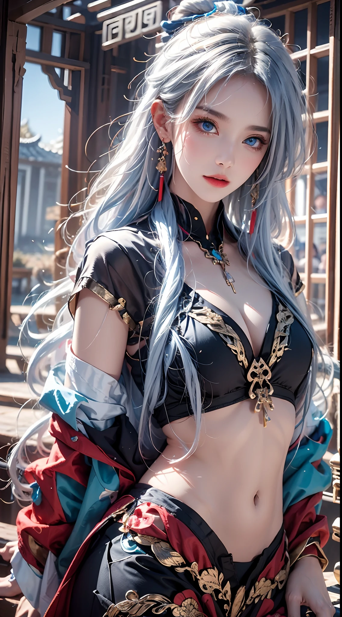 photorealistic, high resolution, soft lights, 1women, solo, hips up, look at viewer, (detailed face), blue eyes, white hair, long hair, colorful Taoist robe,oversized clothes, midjourney portrait, jewelry