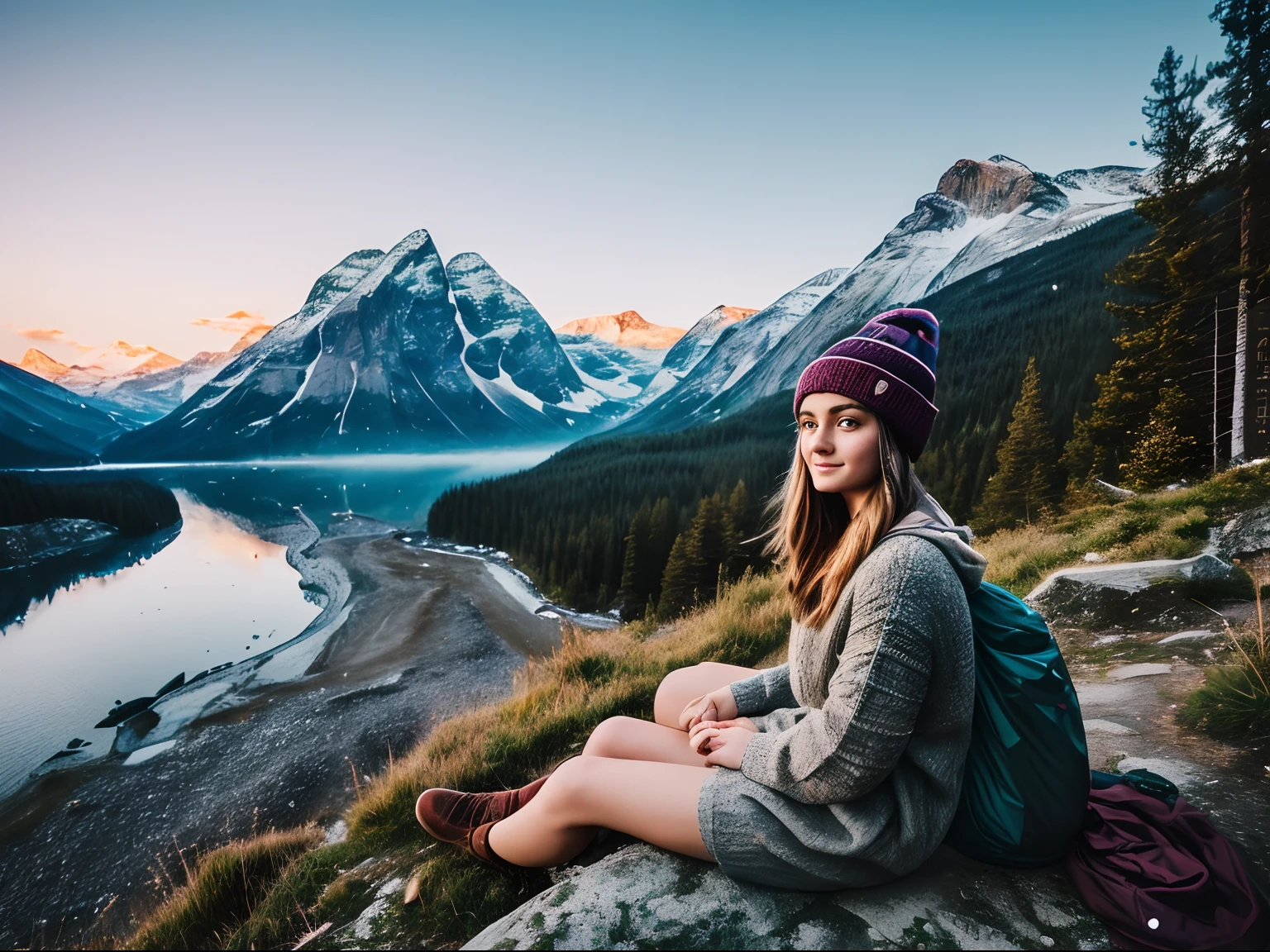 photorealistic, best quality, hyper detailed, beautiful pretty danish girl, candid photo, solo, wearing pullover, outdoors, night, mountains, real life nature, stars, cheerful, happy, sleeping bag, gloves, sweater, beanie, night light, forest, rocks, river, wood, fog, clear sky, analog style, looking at viewer, skin texture, film grain, very wide view, ultra high res, best shadow, RAW, analog film color