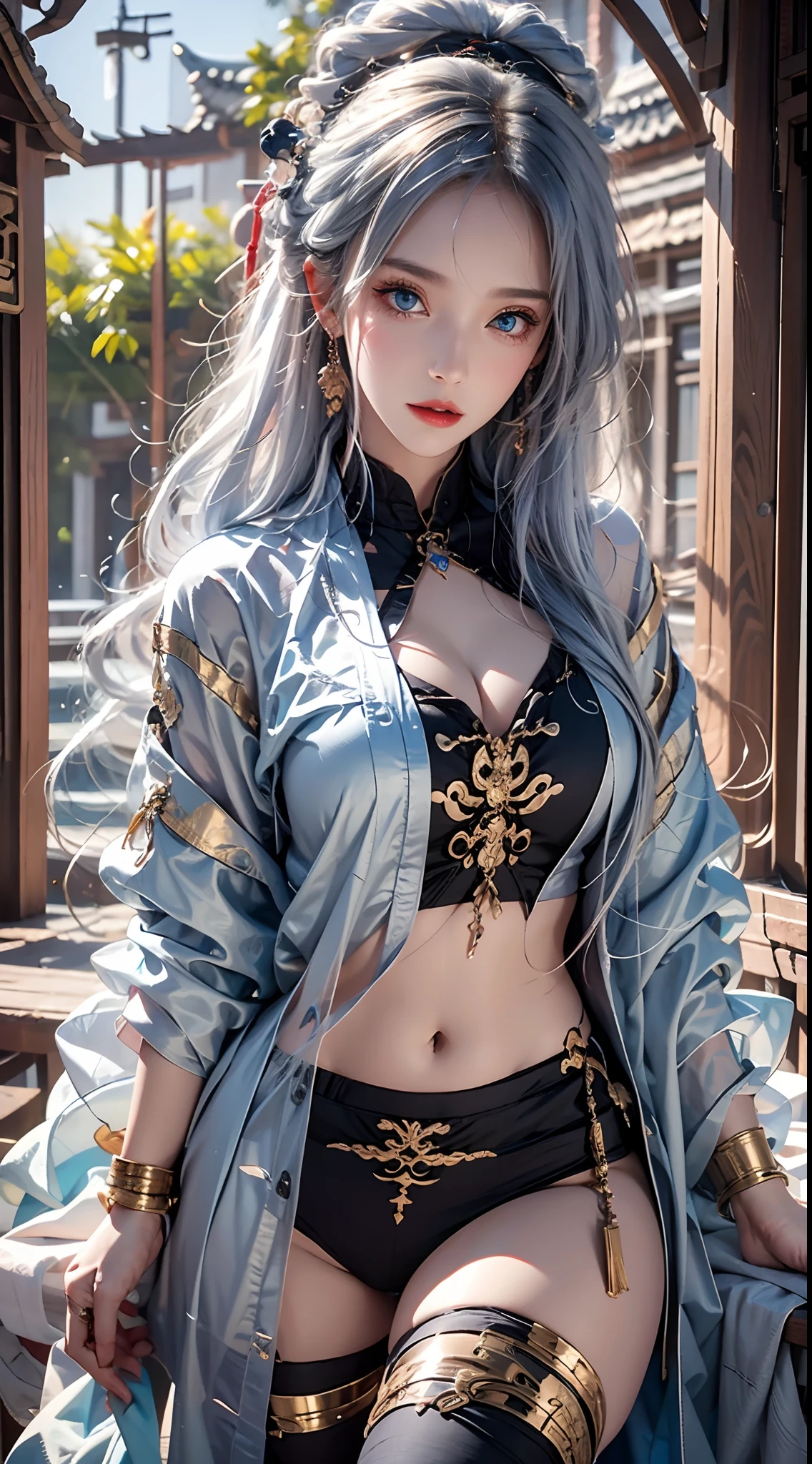 photorealistic, high resolution, soft lights, 1women, solo, hips up, look at viewer, (detailed face), blue eyes, white hair, long hair, colorful Taoist robe,oversized clothes, midjourney portrait, jewelry