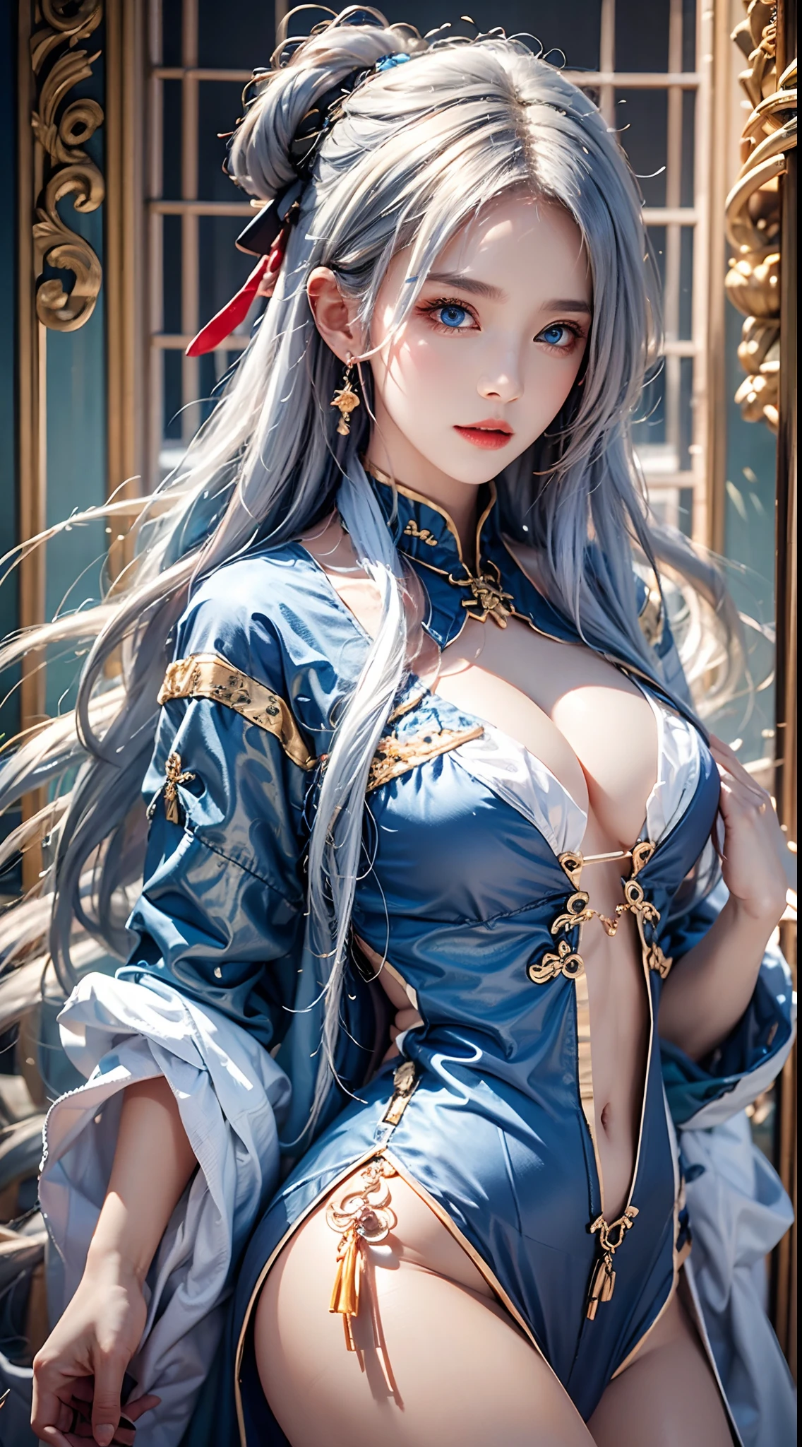 photorealistic, high resolution, soft lights, 1women, solo, hips up, look at viewer, (detailed face), blue eyes, white hair, long hair, colorful Taoist robe,oversized clothes, midjourney portrait, jewelry