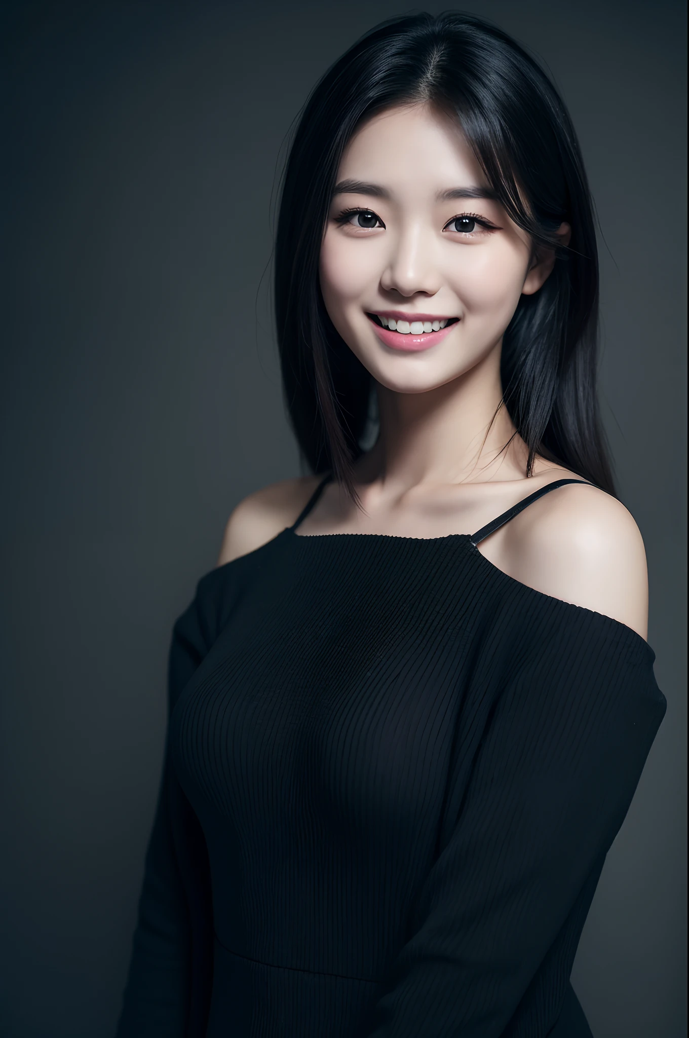 RAW Photo, DSLR BREAK (kkw-ph1:0.9) BREAK half body portrait of ung 20yo woman, black hair, wearing black dress, perfect eyes, black eyes, perfect lips, perfect nose, professional color graded, wonderful woman, dark background, cute woman, medium tits , smiling