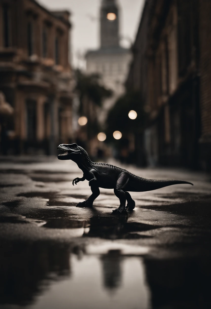Real Tyrannosaurus rex,On the street,There is liquid on the ground,Black liquid,Obvious liquid,Real street background,废墟