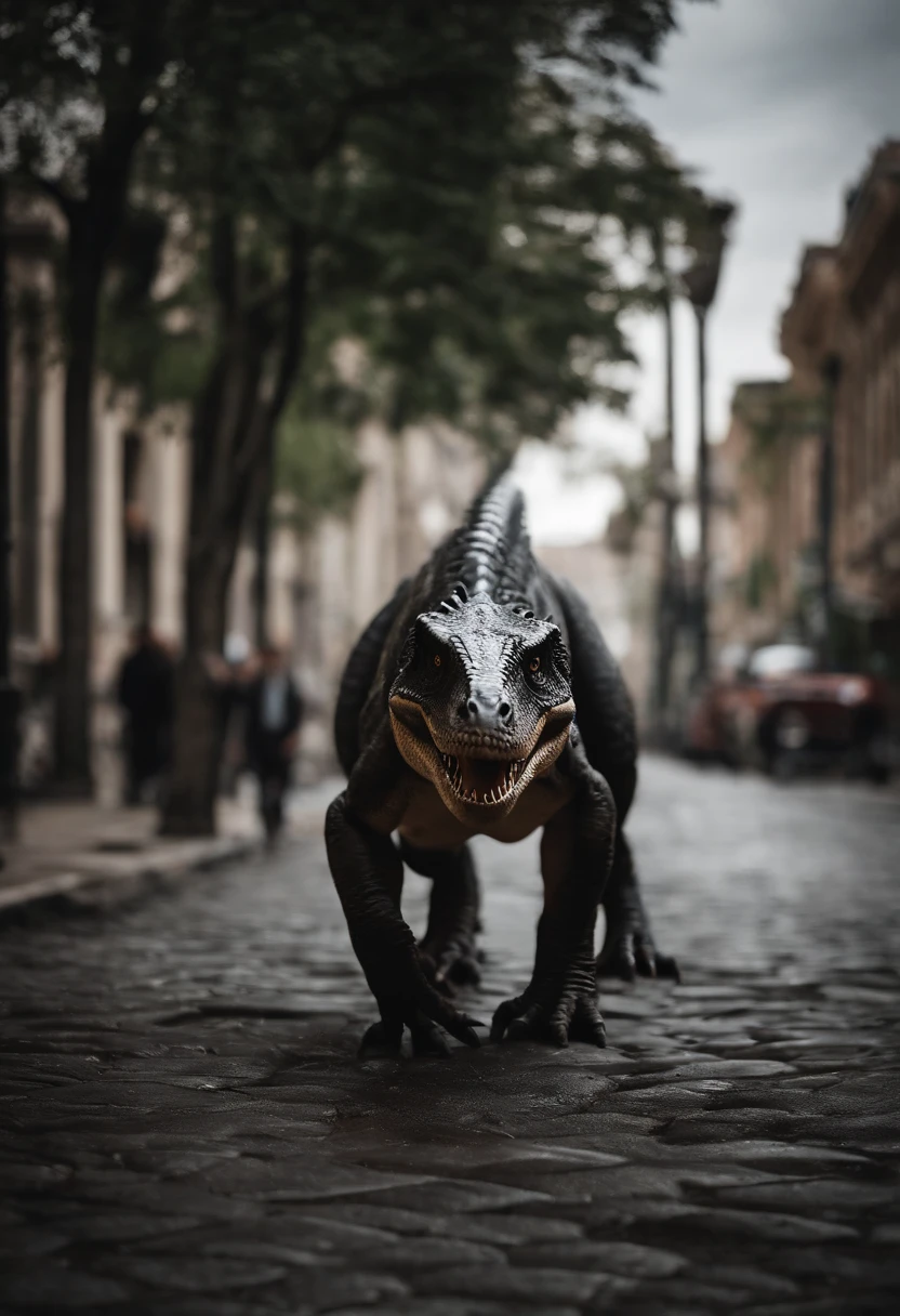 Real Tyrannosaurus rex,On the street,There is liquid on the ground,Black liquid,Obvious liquid,Real street background,废墟