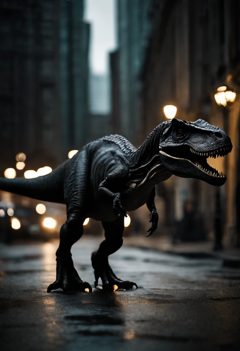 Real Tyrannosaurus rex，On the street，There is liquid on the ground，Black liquid，Obvious liquid，Real street background，废墟