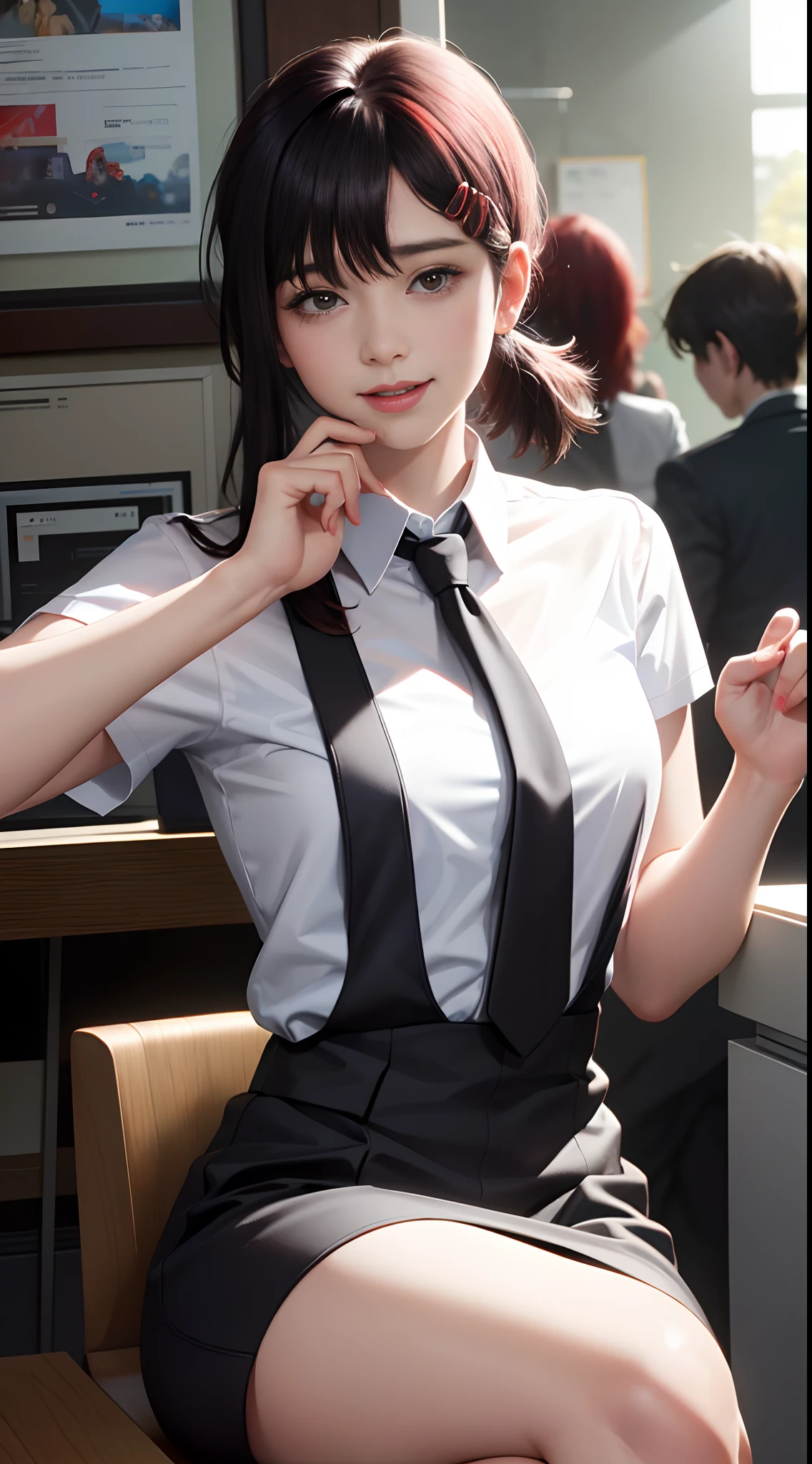 tmasterpiece，best qualtiy，ultra - detailed，illustratio，epic lighting，cinematic compositions，isometry，1girll，ssmile，Redlip，独奏，adolable，Black eyes，Black color hair，By bangs，red hair clips，blouse with a white collar，black necktie，Black pantsuit，Professional Dress，captivating posture，inside in room，office room，Open the door，looking at viewert，peeking out upper body，Be red in the face，seduct smile，Shut your mouth，(8K:1.1),
