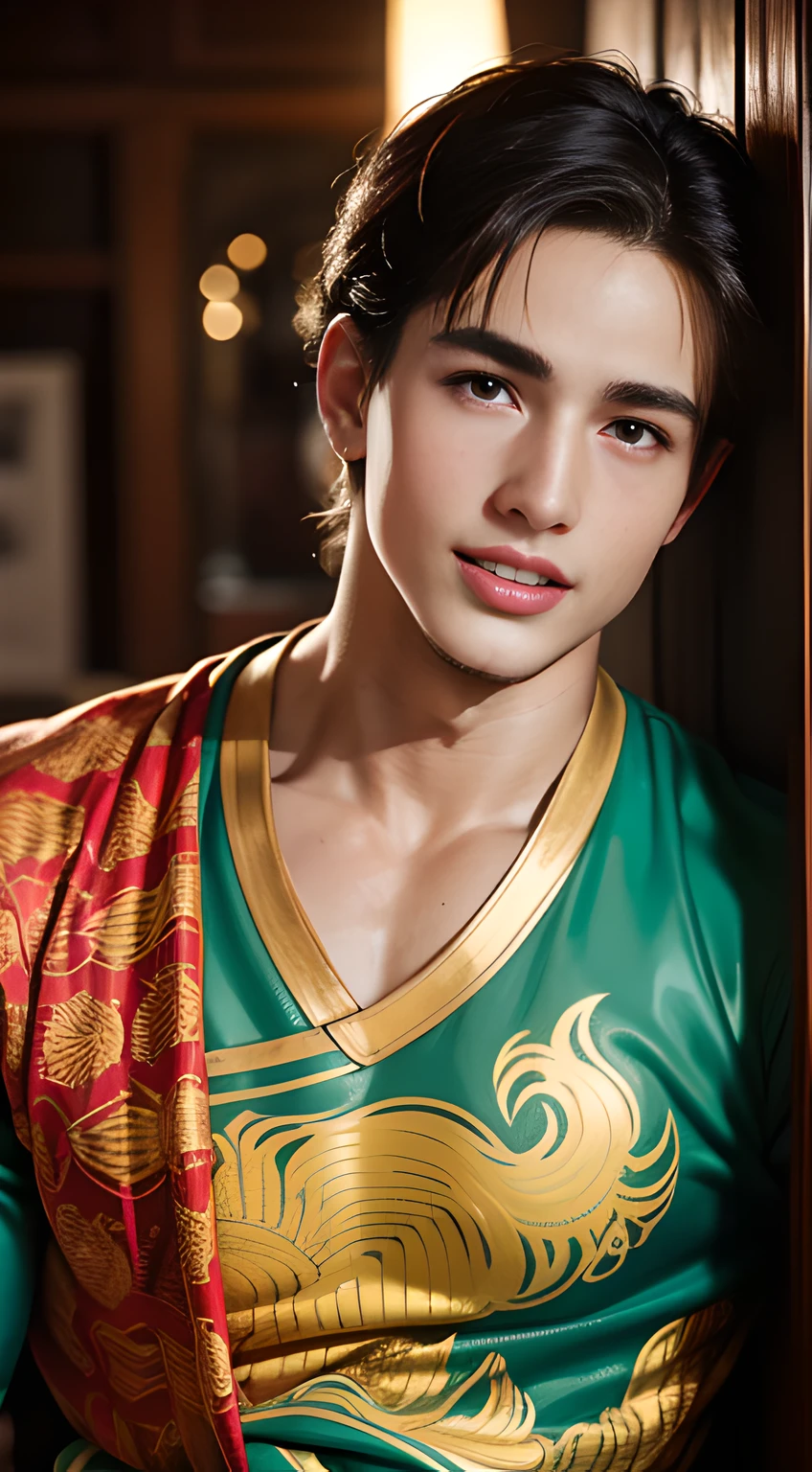 (((Men only))), ((head shot)), (face only), ((Pietro Boselli)),  ((wearing an green Indonesian traditional costume)), (Indonesian traditional costume reflects the diverse cultures of the nation, featuring vibrant fabrics, intricate patterns, and often includes a kebaya (blouse) for women and a batik shirt for men, with accessories such as sarongs and headpieces, creating a rich tapestry of heritage attire), ((Handsome muscle man in his 20s)), (Big smile), (detaile: 1 in 1), Natural muscles, HIG quality, beautidful eyes, (Detailed face and eyes), (Face、: 1 / 2), Noise, Real Photographics、... ......................................................................................................................PSD, Sharp Focus, High resolution 8K, realisitic & Professional Photography, 8K UHD, Soft lighting, High quality, Film grain, FujifilmXT3
