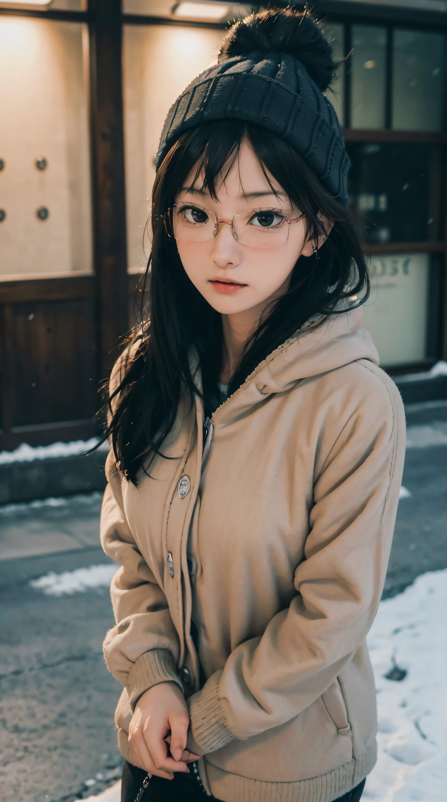 kiyoko shimizu, haikyuu, wearing glasses, perfect breasts, wearing a beanie, wearing a winter jacket, wearing a duffle coat, carrying a bag, wearing a watch, wearing earrings, in public, creatures in Tokyo city, on the street, snow in road, it's snowing, looking at the viewer, a slight smile, realism, masterpiece, textured skin, super detail, high detail, high quality, best quality, 1080p, 16k