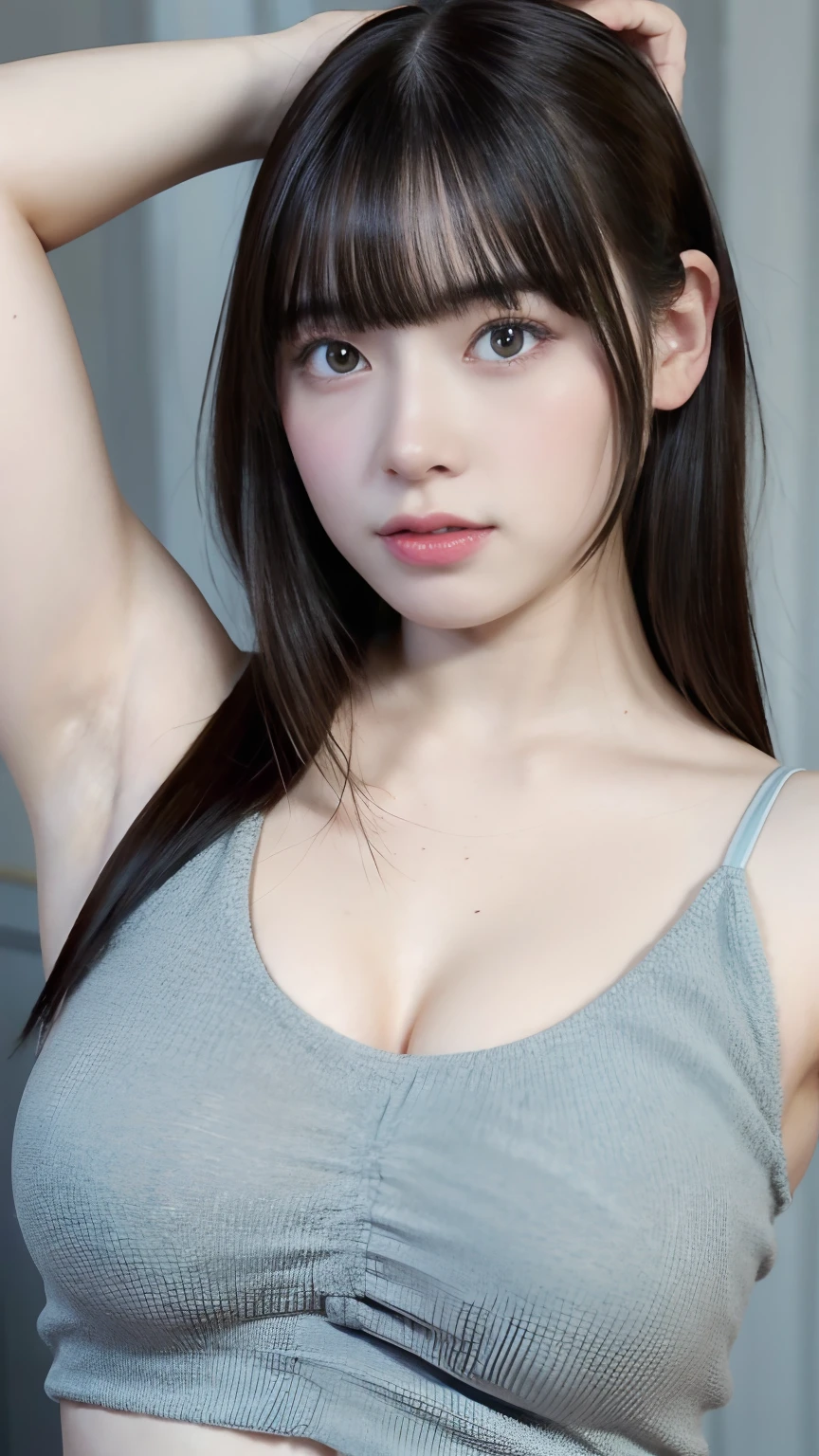 Anna Hashimoto with armpit hair visible from a black tank top、armpits hair、Waukegan、Darkening of the armpits:1.3、Armpit sweat、bristle、plump bust、huge tit