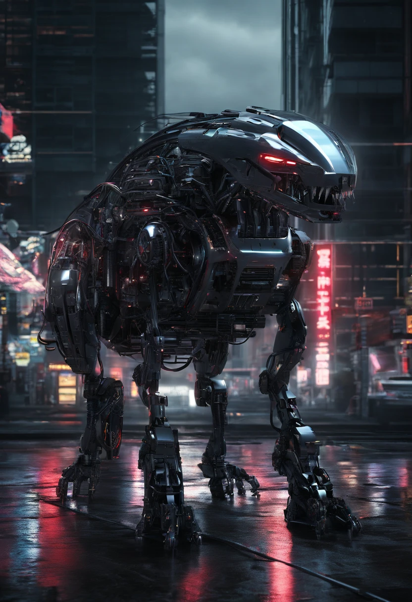 Real dinosaurs,On the street,There is liquid on the ground,Black liquid,Real street background,废墟