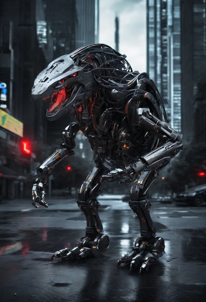 Real dinosaurs,On the street,There is liquid on the ground,Black liquid,Real street background,废墟