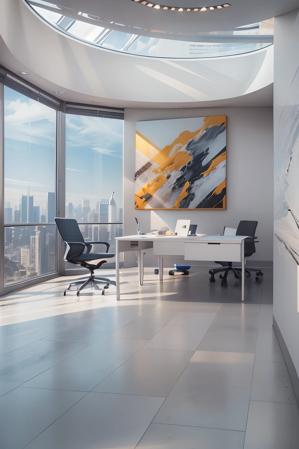 office room，There is a wall in the middle of the office,The painting on the wall is in the middle, Paintings on the walls, skyscape, Large airy windows, Zaha Hadid and Santiago Calatrava landscape panoramic style, Fish, Clear light, Edge lighting, Perfect image, Building summary style, 16k UE5. superfine, 8K, hdr, Product photography, Depth of field, Nikon D850, Ultra-realistic, no contrast, clean sharp focus, professional, No blurring