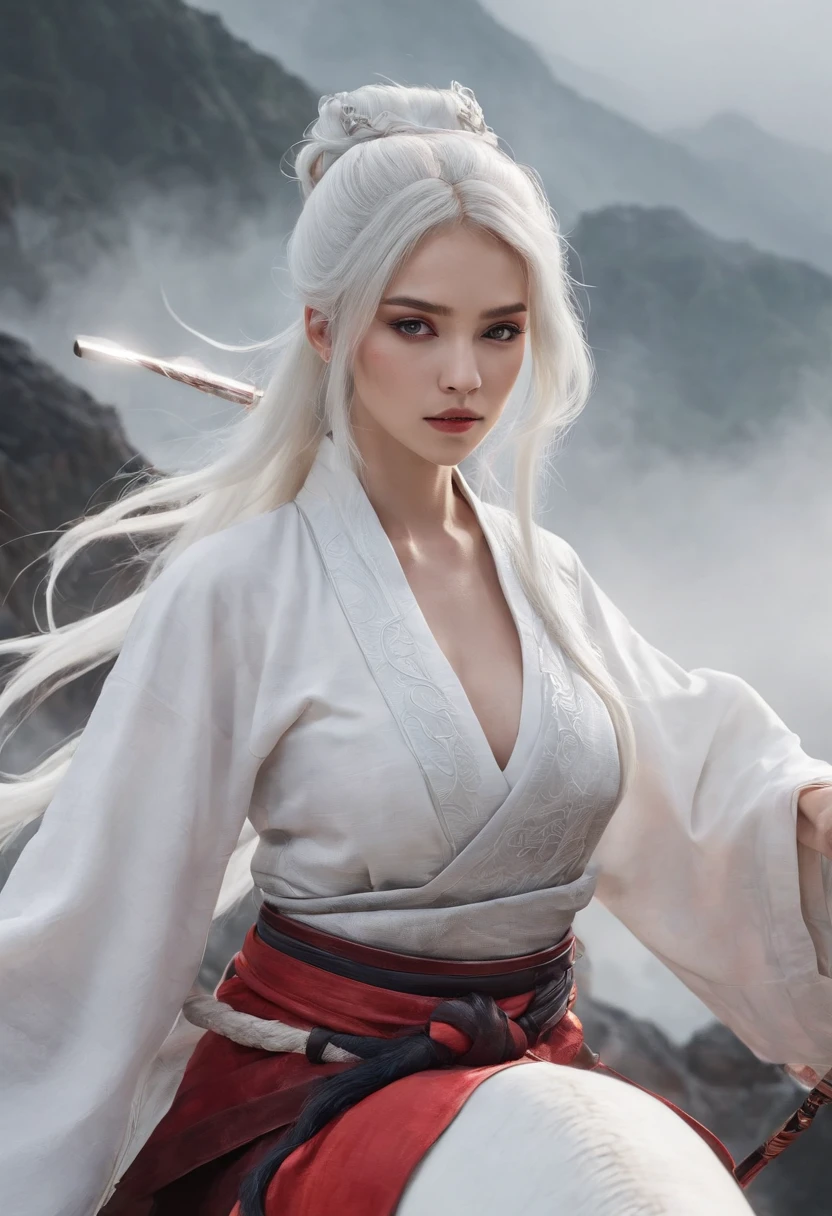 Cirilla Fiona Elen Riannon，动态照明，art  stations，poster for，Volumetriclighting，Very detailed faces，4k wallpapers，He has a delicate and beautiful face，long hair flowing，horse tailed，Fringed Hair Ornament，Dynamic perspective，White Hanfu，White gauze flying，red waistband，Sexy，Tradition Chinese Ink Painting，Surrounded by clouds，fog atmosphere，Ride a white dragon，katana swords，White dragon horn，dynamic viewing angle，电影灯光，