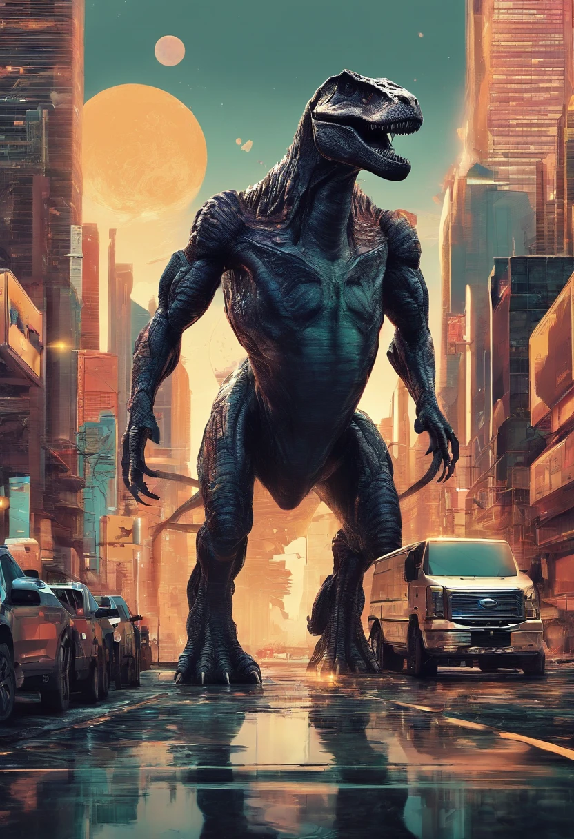 Real Tyrannosaurus rex,Giant Tyrannosaurus rex,On the street,There is liquid on the ground,Black liquid,Obvious liquid,Real street background,废墟