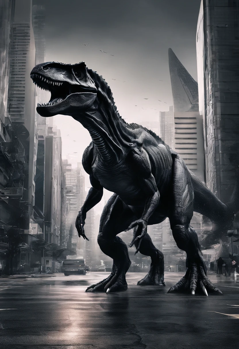 Real Tyrannosaurus rex，Giant Tyrannosaurus rex，On the street，There is liquid on the ground，Black liquid，Obvious liquid，Real street background，废墟