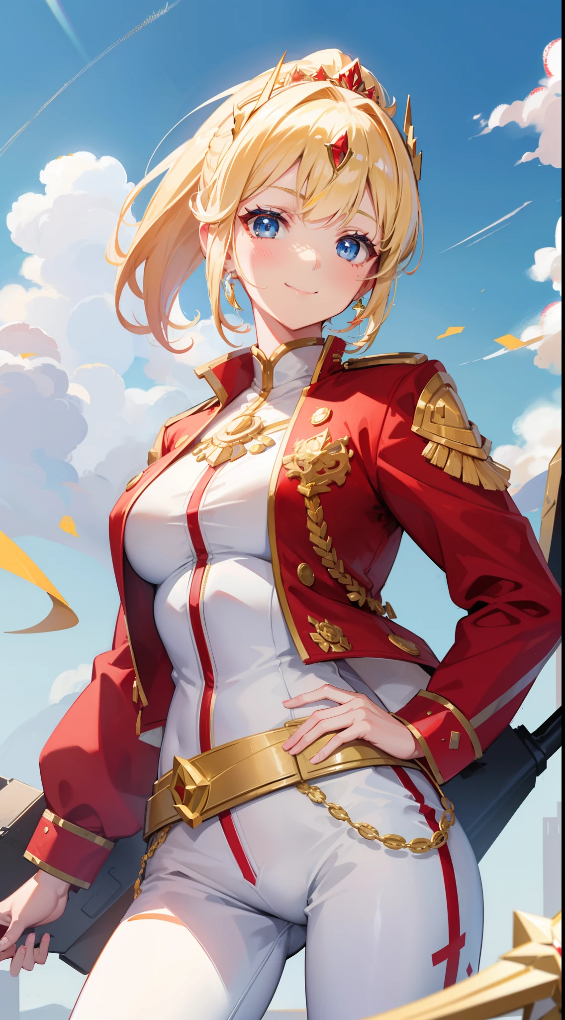 adult girl, short blonde hair, high ponytail, blue eyes, Smile, red jacket, white pants, diadem, Gold Elements, She-ra, Masterpiece, hiquality, 4k, HD, Good detail