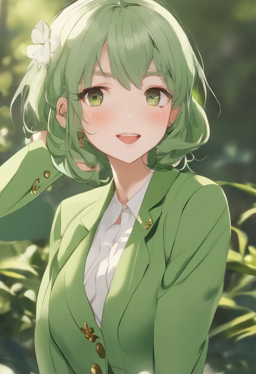 ((​masterpiece、top-quality))、(独奏)、(female focus)、(Ahoge、Green hair、short-hair)、girl with、ENFP、a smile、placket、gregarious、(Green Suit)、is standing、Green and white background、dynamic ungle