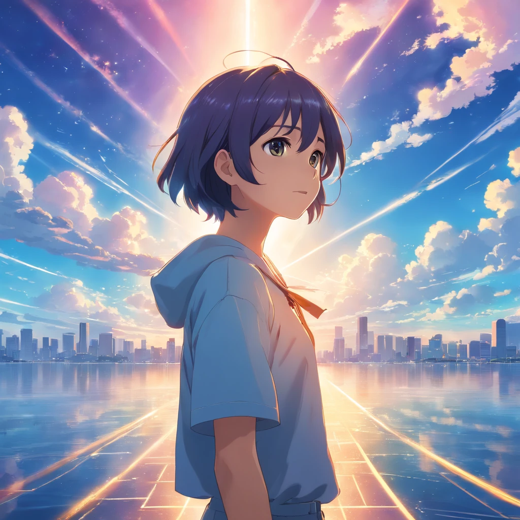 sky clouds surrounding the surroundings, light magic, dreamy background, meaning background, absurd background with artistic overlays, colorful hair, hyperrealism, cinematic sense of illumination, ray tracing, divine light, speed lines, angle of view, Ultra HD, masterpieces, best high quality, super detail, a High Resolution, High Quality On, (Distant View: 1.3)