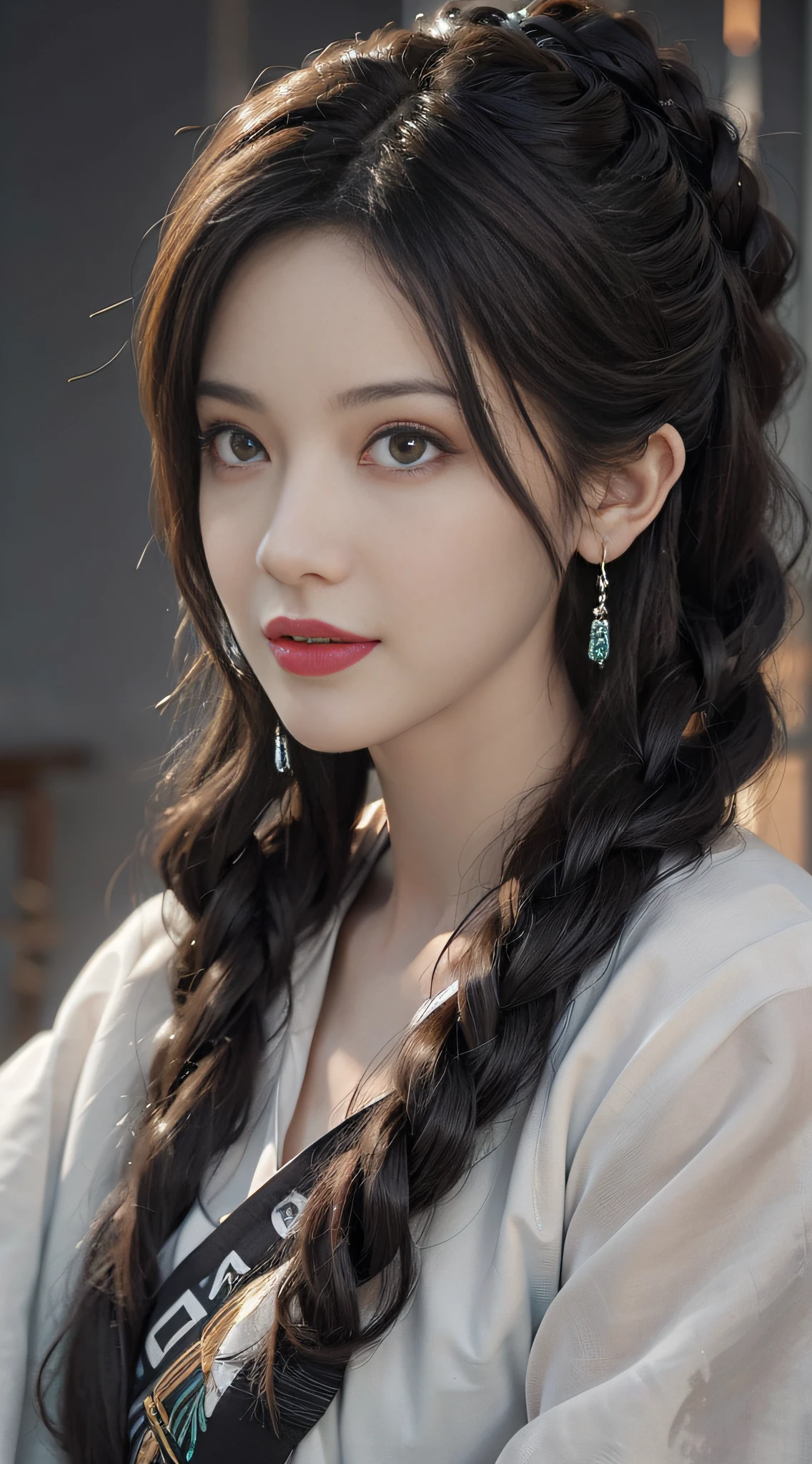 1girl,photorealistic,naughty face, white hair,rolling_eyes,ahegao, open mouth, evil smile, srtong wind,twin_braids, earrings, jewelry, animal,