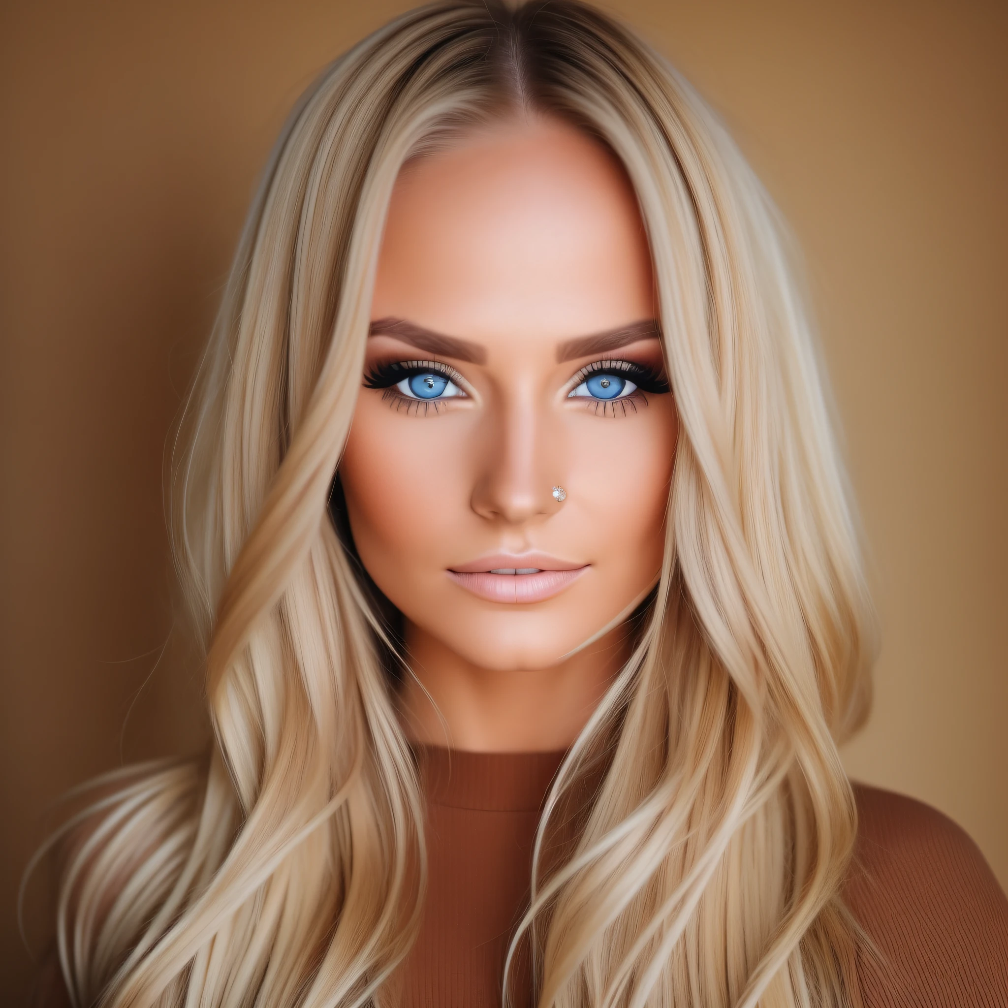Ultra Realistische Frau, braune Augen, blondes Haar, mit Make-up im Gesicht (best quality)