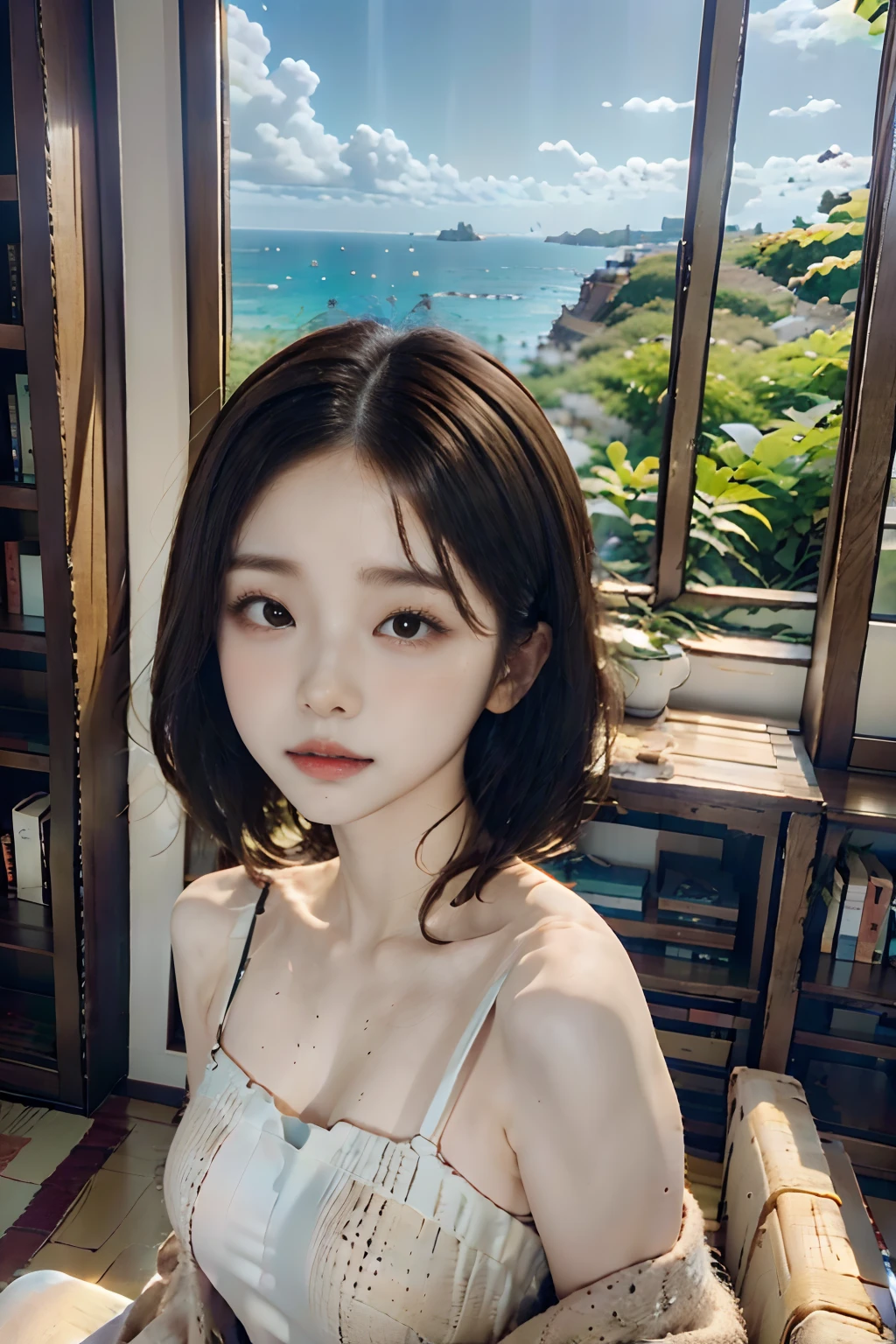 top-quality、masutepiece、ultra-detailliert、Cowboy Shot、独奏、Natural look、(((Realistic textured hair、Brown hair、hair messy:1.3、a short bob)))、white  shirt、blurry backround、((Large living room、View of the sea outside the window、Sea view、huge window、mare、houseplant、a plant、bookcase、bookcase))、Beautiful room、Beautuful Women、View from the beautiful window