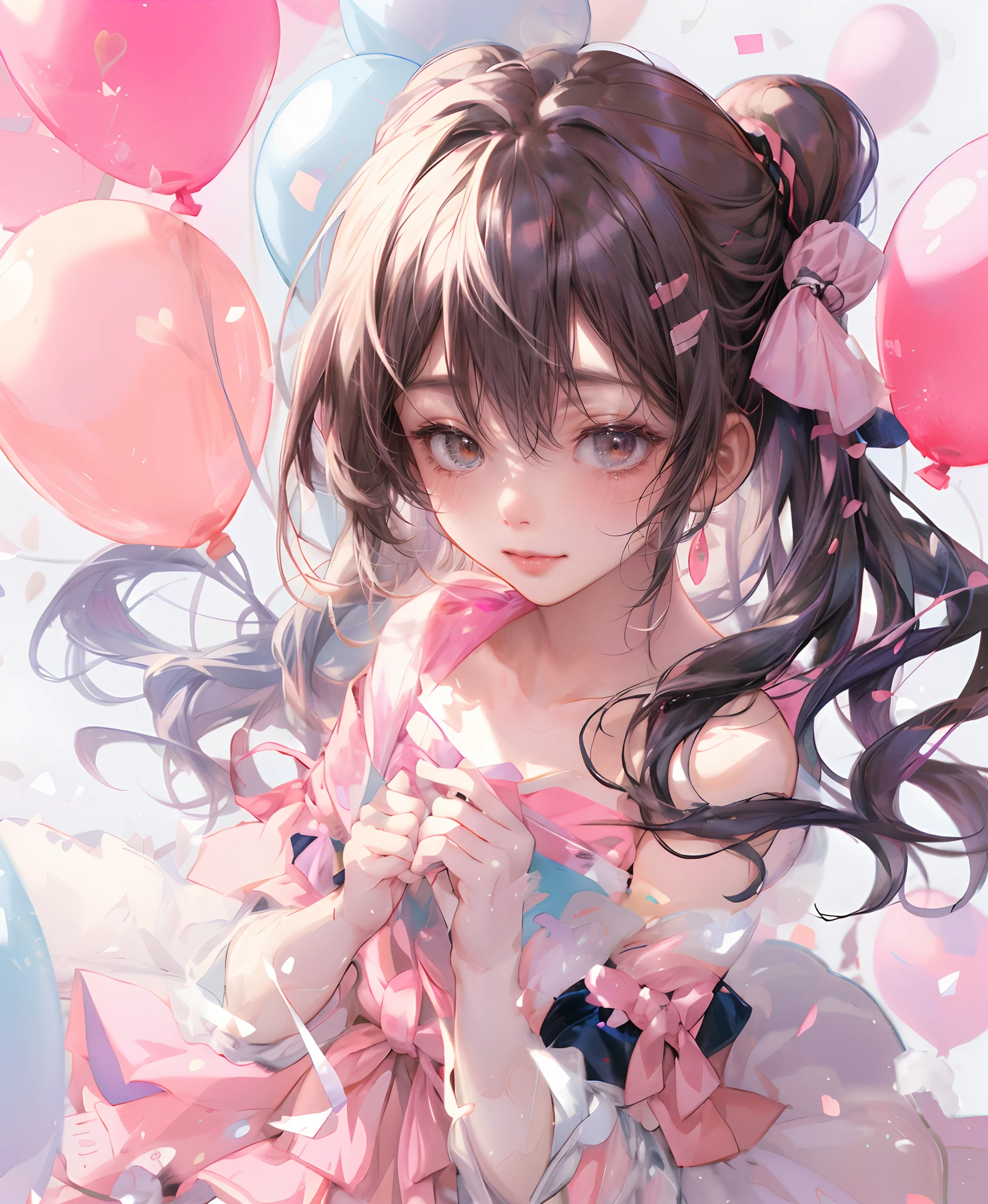 anime girl with balloons and confetti in the air, Cute girl anime visual, young anime girl, beautiful anime art style, anime atmosphere, Nightcore, clean detailed anime art, cute anime girl, beautiful anime portrait, High quality anime art style, beautiful anime art, beautiful anime artwork, (anime girl), cute anime girl portraits, everyone, anime aesthetics