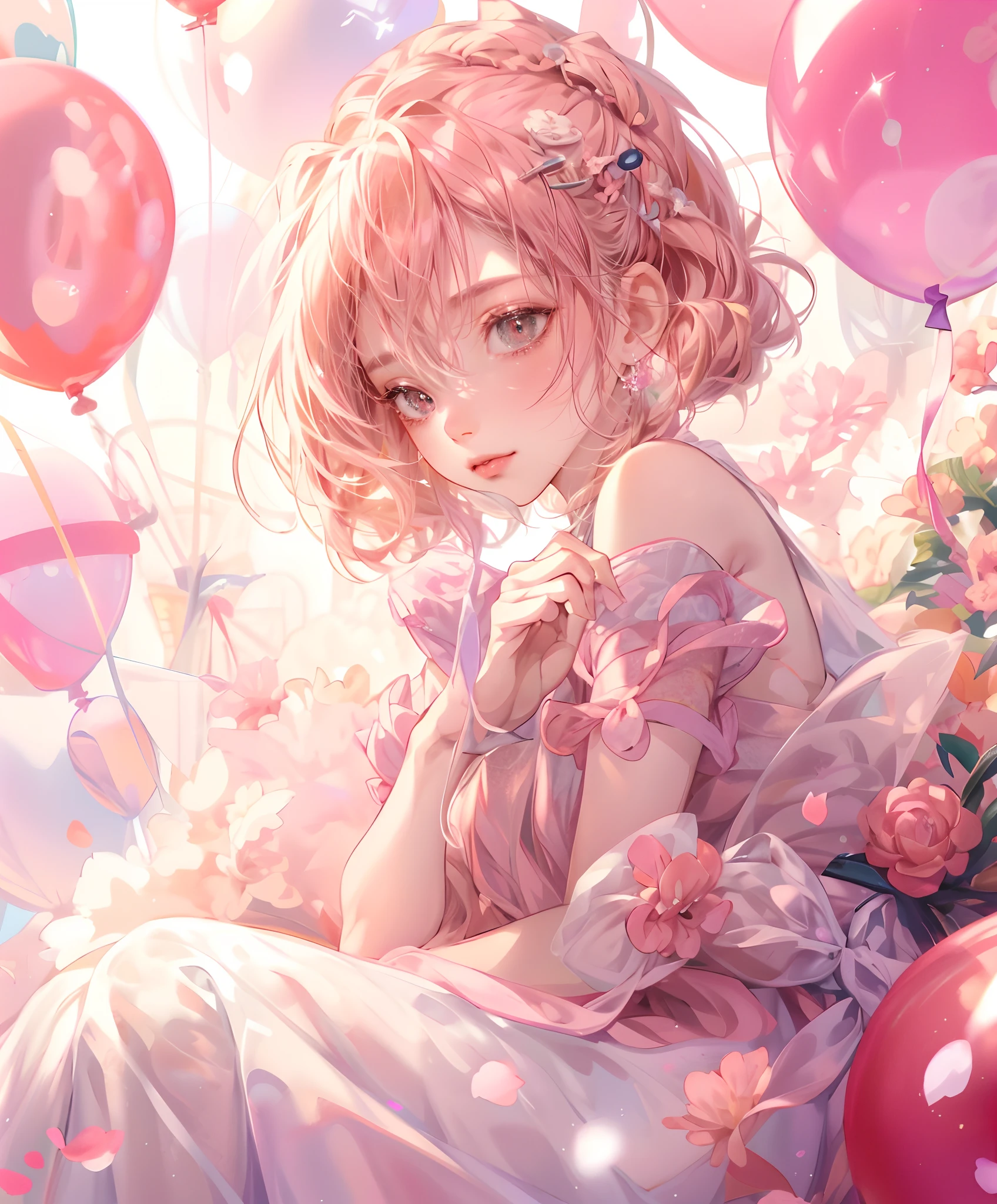 anime girl sitting on a bed of balloons with flowers, anime visual of a cute girl, splash art anime , lolidress, cute anime girl, beautiful anime girl, cute anime waifu in a nice dress, young anime girl, pretty anime girl, lolish, me girl), portrait of magical girl, high quality anime artstyle