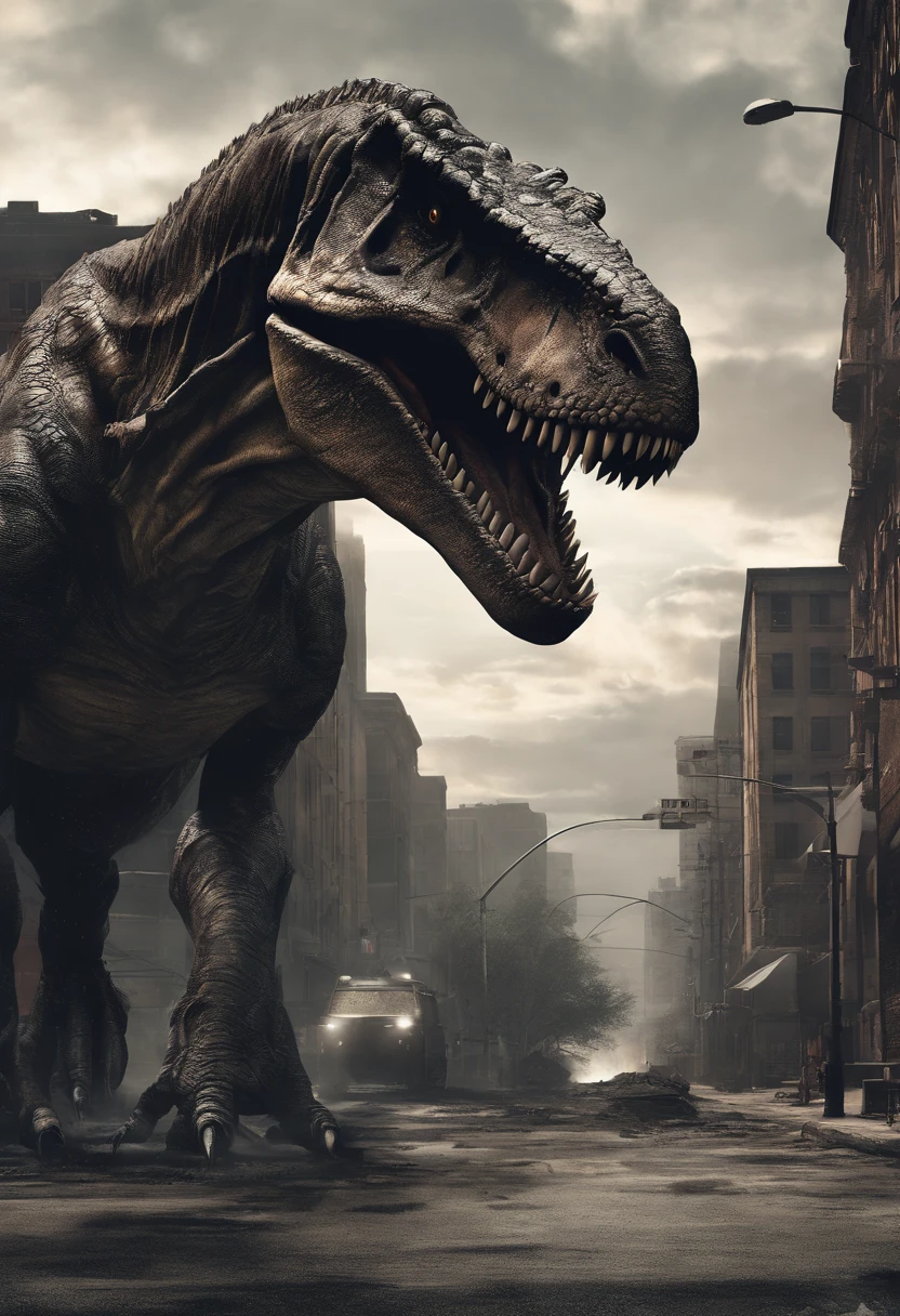 Real Tyrannosaurus rex,Giant Tyrannosaurus rex,On the street,Real street background,废墟