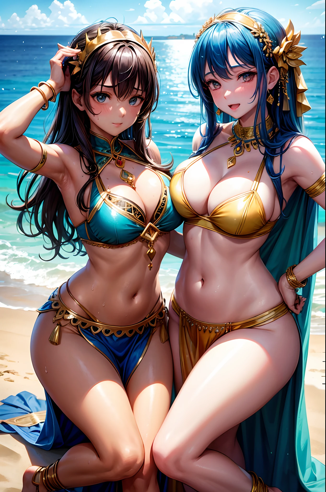 2girls，Belly dance costumes，Get wet，Covered in sweat，full bodyesbian，ankle bracelets