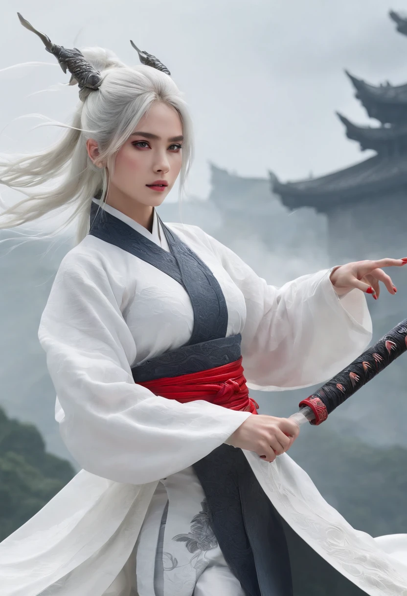 Cirilla Fiona Elen Riannon,动态照明,art stations,poster for,Volumetriclighting,Very detailed faces,4k wallpapers,He has a delicate and beautiful face,long hair flowing,horse tailed,Fringed Hair Ornament,Dynamic perspective,White Hanfu,White gauze flying,red waistband,Sexy,Tradition Chinese Ink Painting,Surrounded by clouds,fog atmosphere,Ride a white dragon,katana swords,White dragon horn,dynamic viewing angle,电影灯光,