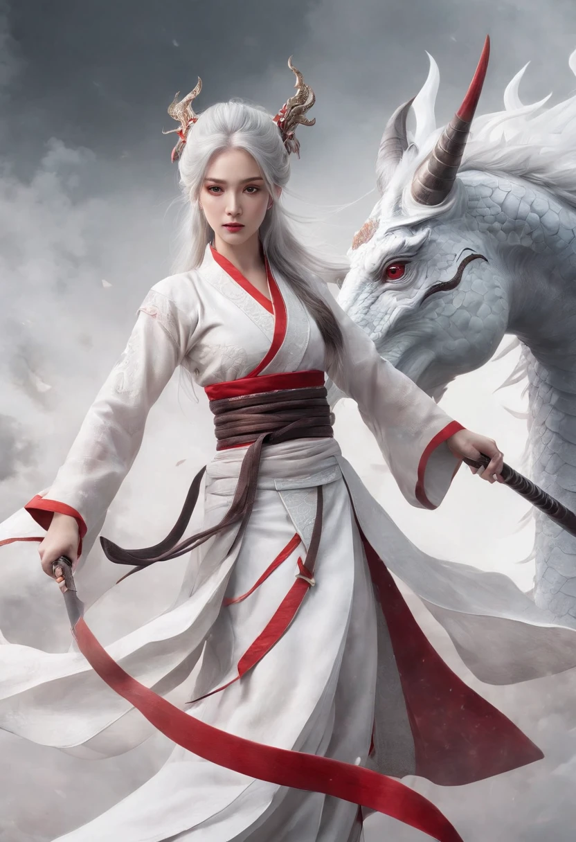 Cirilla Fiona Elen Riannon,动态照明,art stations,poster for,Volumetriclighting,Very detailed faces,4k wallpapers,He has a delicate and beautiful face,long hair flowing,horse tailed,Fringed Hair Ornament,Dynamic perspective,White Hanfu,White gauze flying,red waistband,Sexy,Tradition Chinese Ink Painting,Surrounded by clouds,fog atmosphere,Ride a white dragon,katana swords,White dragon horn,dynamic viewing angle,电影灯光,