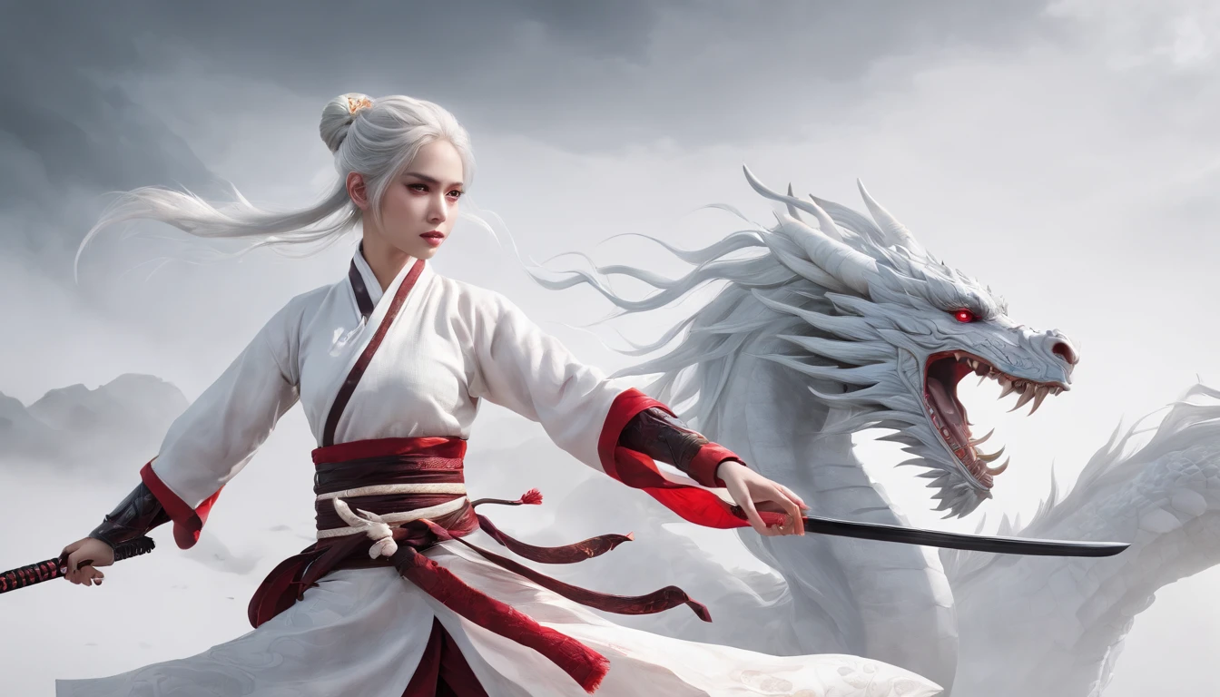 Cirilla Fiona Elen Riannon，动态照明，art  stations，poster for，Volumetriclighting，Very detailed faces，4k wallpapers，He has a delicate and beautiful face，long hair flowing，horse tailed，Fringed Hair Ornament，Dynamic perspective，White Hanfu，White gauze flying，red waistband，Sexy，Tradition Chinese Ink Painting，Surrounded by clouds，fog atmosphere，Ride a white dragon，katana swords，White dragon horn，dynamic viewing angle，电影灯光，