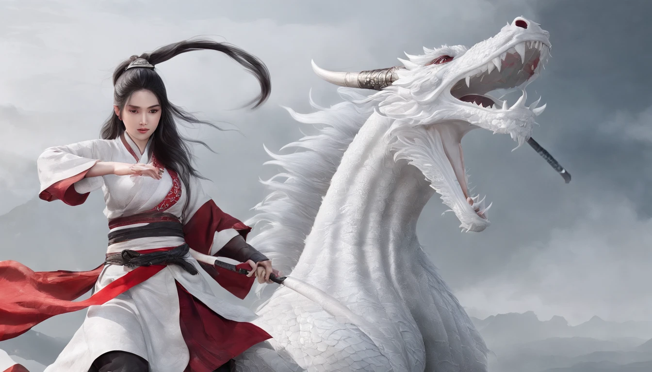 Luna Freya Knox Frey，动态照明，art  stations，poster for，Volumetriclighting，Very detailed faces，4k wallpapers，He has a delicate and beautiful face，long hair flowing，horse tailed，Fringed Hair Ornament，Dynamic perspective，White Hanfu，White gauze flying，red waistband，Sexy，Tradition Chinese Ink Painting，Surrounded by clouds，cherry blossom，fog atmosphere，Ride a white dragon，White dragon horn，dynamic viewing angle，电影灯光