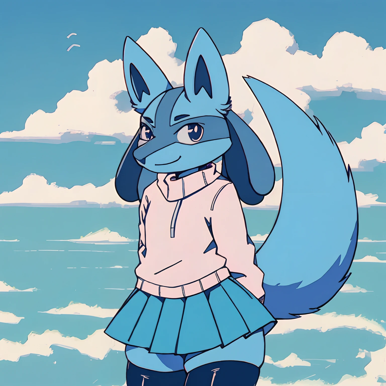 Mute pastel colors, Smooth photos, Retro soul, 1990s animation, 1980s animation, Retro soul, Retro anime style, Masterpiece, Best Quality, Lucario, Dark Sushi 2.5D large sushi 2.5D, furry, solo, Lucario Pokémon, skirt, thigh high socks, cute sweater, Retro Lucario fanart, 1990s anime, retro animation