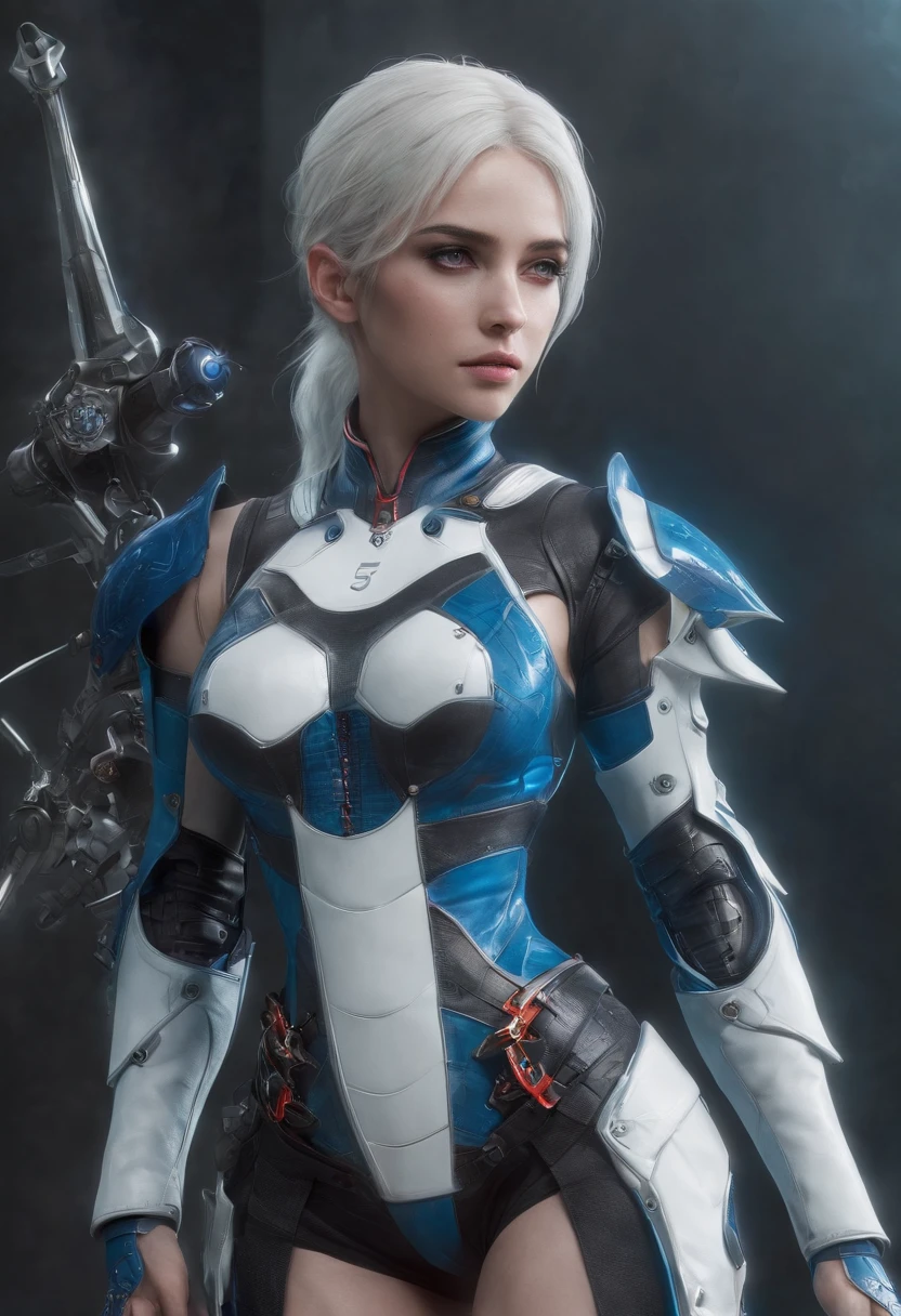 Cirilla Fiona Elen Riannon,Highest image quality,Outstanding details,超高分辨率,(Fidelity:1.4), Favor the details,closeup cleavage,katana swords,High-tech dragon knight mech,He has a delicate and beautiful face,((Blue-white flying semi-mechanical fuselage:1.8)),Raised sexy,frontage,cyber punk perssonage,Futuristic,mechanically aesthetic,Virtual Engine 5,Perfect detail rendering,rendering by octane,hyper HD