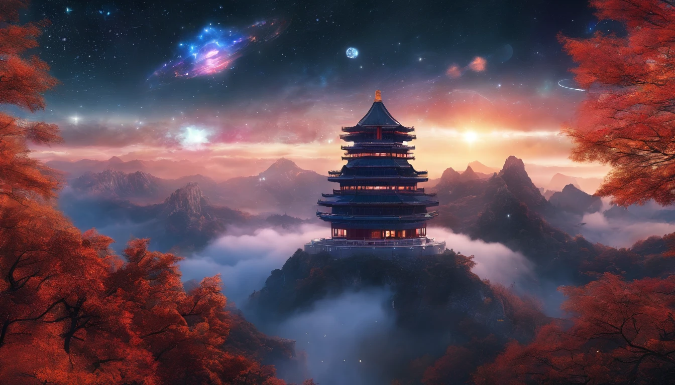 China-style,Ultra-wide angle of view,Beautiful view of autumn,mountain spring,waterfallr,Cloud fog,fall foliage,Fallen leaves all over the ground,oc rendered,high qulity,8K,super-fine,Hyper-realistic,Ultra photo realsisim,35mm camera lens,ultra - detailed