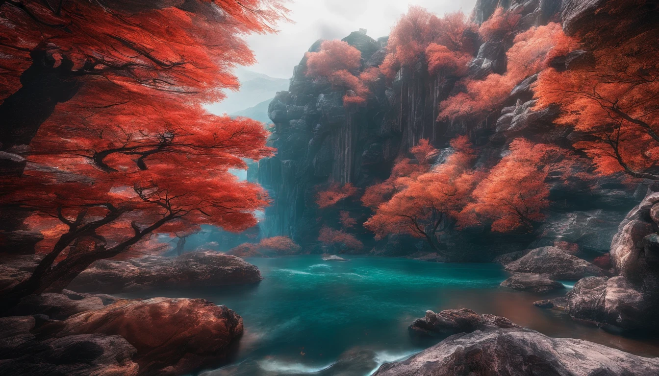 China-style,Ultra-wide angle of view,Beautiful view of autumn,mountain spring,waterfallr,Cloud fog,fall foliage,Fallen leaves all over the ground,oc rendered,high qulity,8K,super-fine,Hyper-realistic,Ultra photo realsisim,35mm camera lens,ultra - detailed