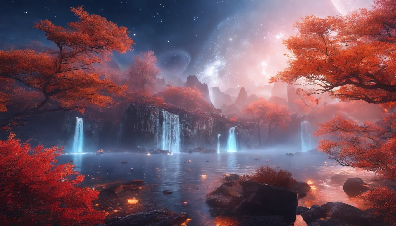 China-style,Ultra-wide angle of view,Beautiful view of autumn,mountain spring,waterfallr,Cloud fog,fall foliage,Fallen leaves all over the ground,oc rendered,high qulity,8K,super-fine,Hyper-realistic,Ultra photo realsisim,35mm camera lens,ultra - detailed