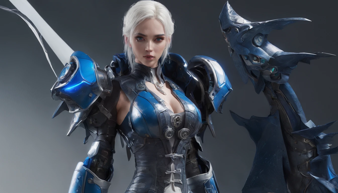 Cirilla Fiona Elen Riannon,Highest image quality,Outstanding details,超高分辨率,(Fidelity:1.4), Favor the details,closeup cleavage,katana swords,High-tech dragon knight mech,He has a delicate and beautiful face,((Blue-white flying semi-mechanical fuselage:1.8)),Raised sexy,frontage,cyber punk perssonage,Futuristic,mechanically aesthetic,Virtual Engine 5,Perfect detail rendering,rendering by octane,hyper HD