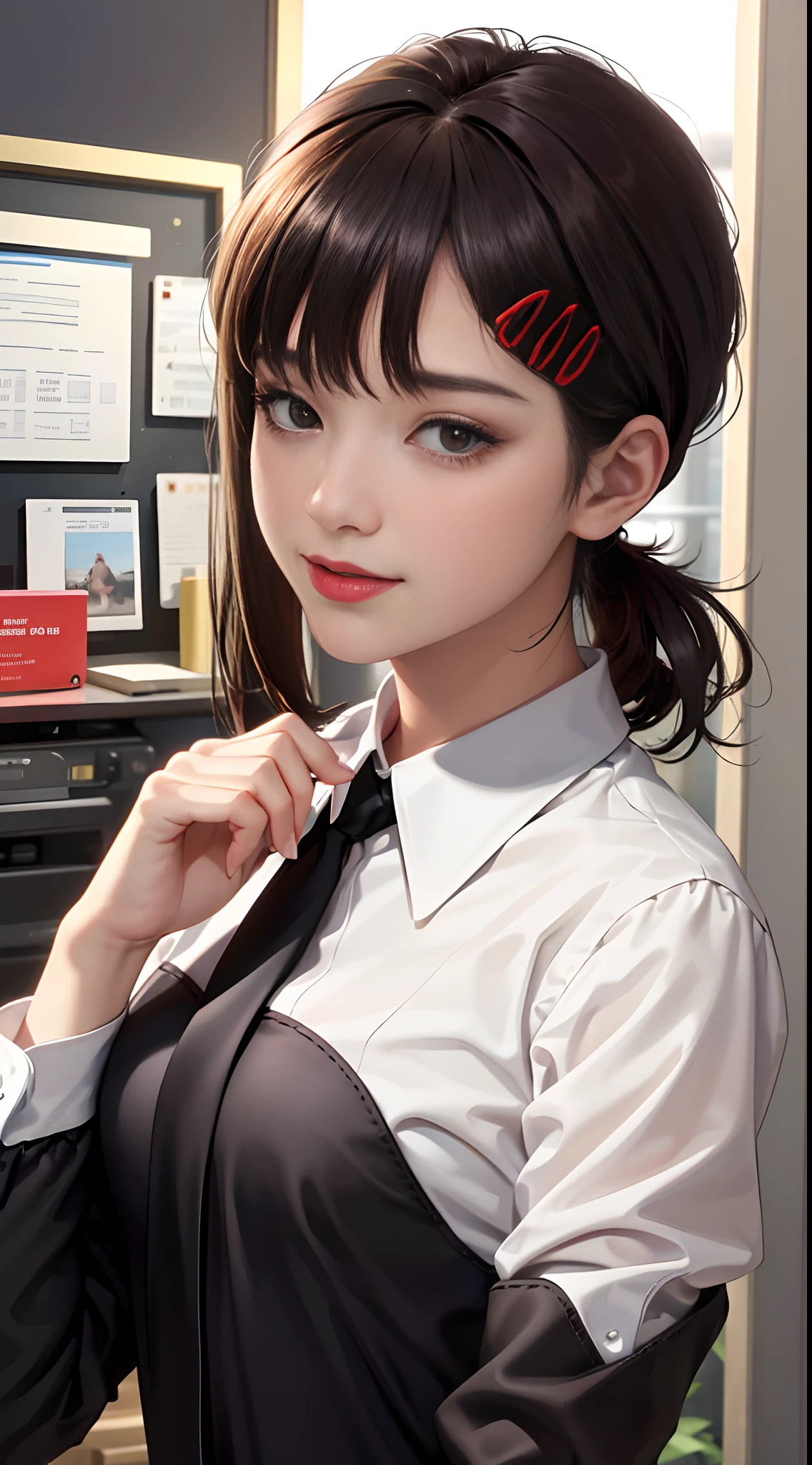 tmasterpiece,best qualtiy,ultra - detailed,illustratio,epic lighting,cinematic compositions,isometry,1girll,ssmile,Redlip,独奏,adolable,Black eyes,Black color hair,By bangs,red hair clips,blouse with a white collar,black necktie,Black pantsuit,Professional Dress,captivating posture,inside in room,office room,Open the door,looking at viewert,peeking out upper body,Be red in the face,seduct smile,Shut your mouth,(8K:1.1),