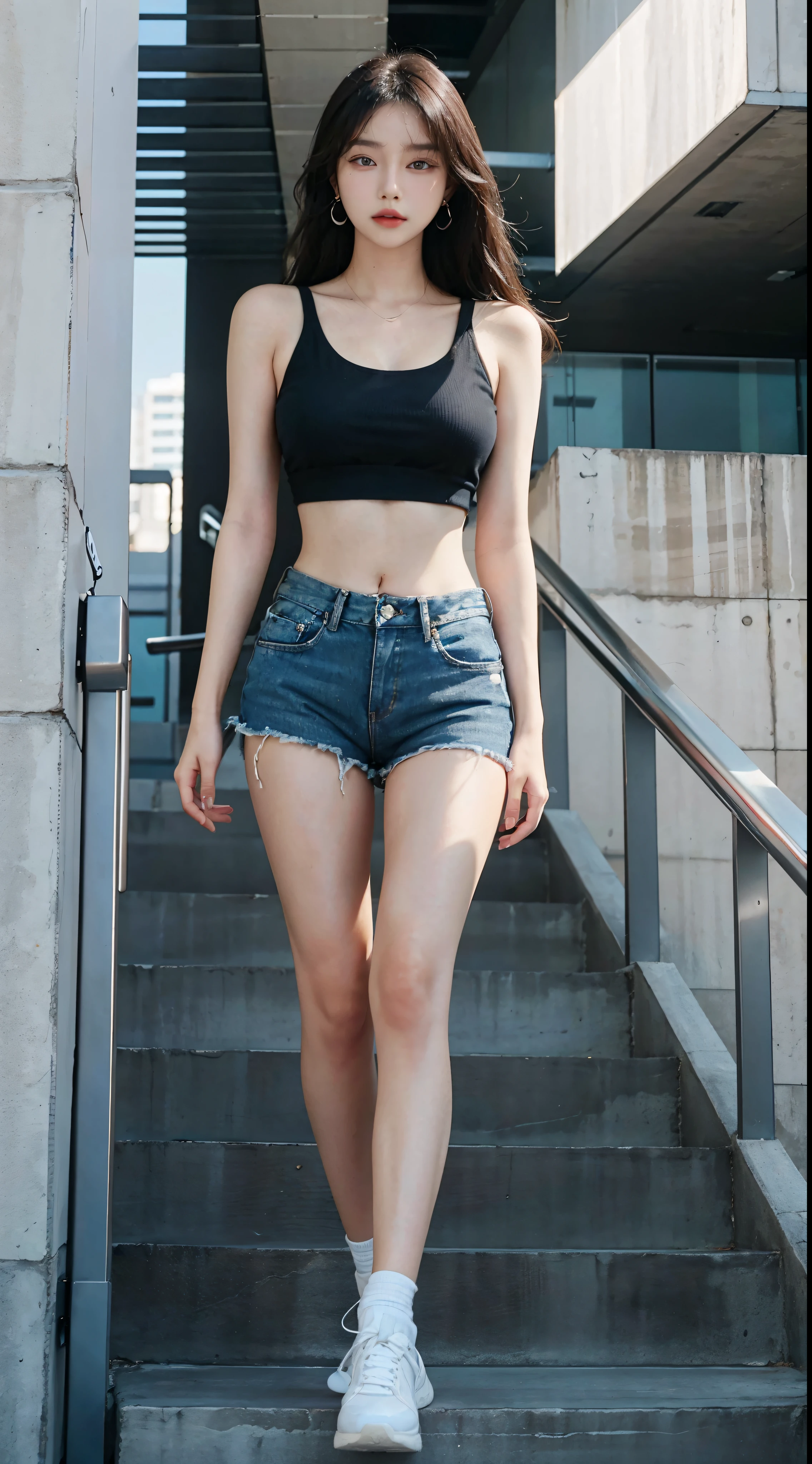 Very beautiful asian woman in black top and denim shorts walking down stairs, bra and shorts streetwear, :: madison beer, madison beer, wearing denim short shorts, hotpants, Aviator jacket and jots, exposed midriff, wearing a cropped black tank top, bare midriff, dressed in a top and shorts, Edgy、Gorgeous young Korean woman、Extremely beautiful face、Gold Gorgeous Face、face perfect、Eye level、Functional、Beautiful young Korean woman、beautiful aesthetic face、white backgrounid、Wearing gorgeous platinum silver earrings、Platinum silver texture and shiny earrings、in 8K、photographed、(realisitic、Photorealsitic: 1.37)、The best and most perfect beauty in the world、very large breast、profetional lighting、a handsome 、Beautiful brown long hair、hight resolution、1080p、studio shoot、Sexy hip line、Bright lighting、(Crisp face)、(Detailed face description)、Rich details、Skin clarity and hydration、Skin texture and detail、Textured、 Hair texture and contrast、beautiful and delicate face、beautiful and delicate eyes、Crisp double beautiful eyes、Skin detail and texture、Hair details and texture、Skin contrast and detail、Lip texture and contrast、Texture and contrast of clothes、Eye texture and clarity、beautidful eyes 、Cutting-edge fashion、Fashionable、Bright natural light、Professional photography、Functional、Ron Arad、Transparent translucent medium、limited palette、Woman Core、white backgrounid、White background、hight resolution、Minimal refinement、Large chest line、