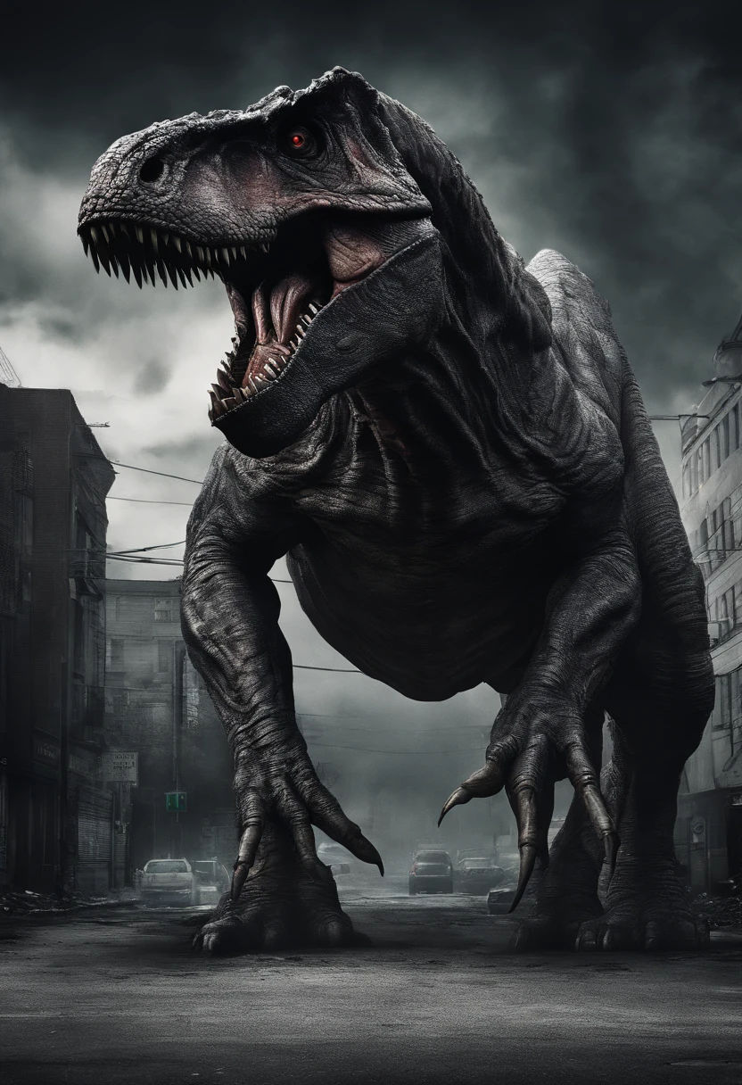 Real Tyrannosaurus rex，Giant Tyrannosaurus rex，On the street，Real street background，废墟