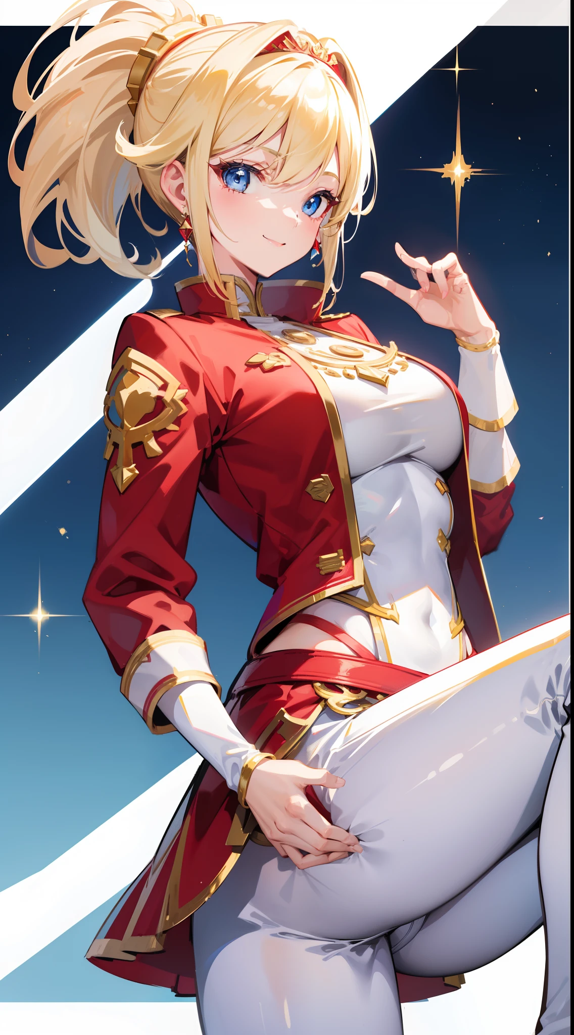 adult girl, short blonde hair, high ponytail, blue eyes, Smile, red jacket, white pants, diadem, Gold Elements, She-ra, Masterpiece, hiquality, 4k, HD, Good detail