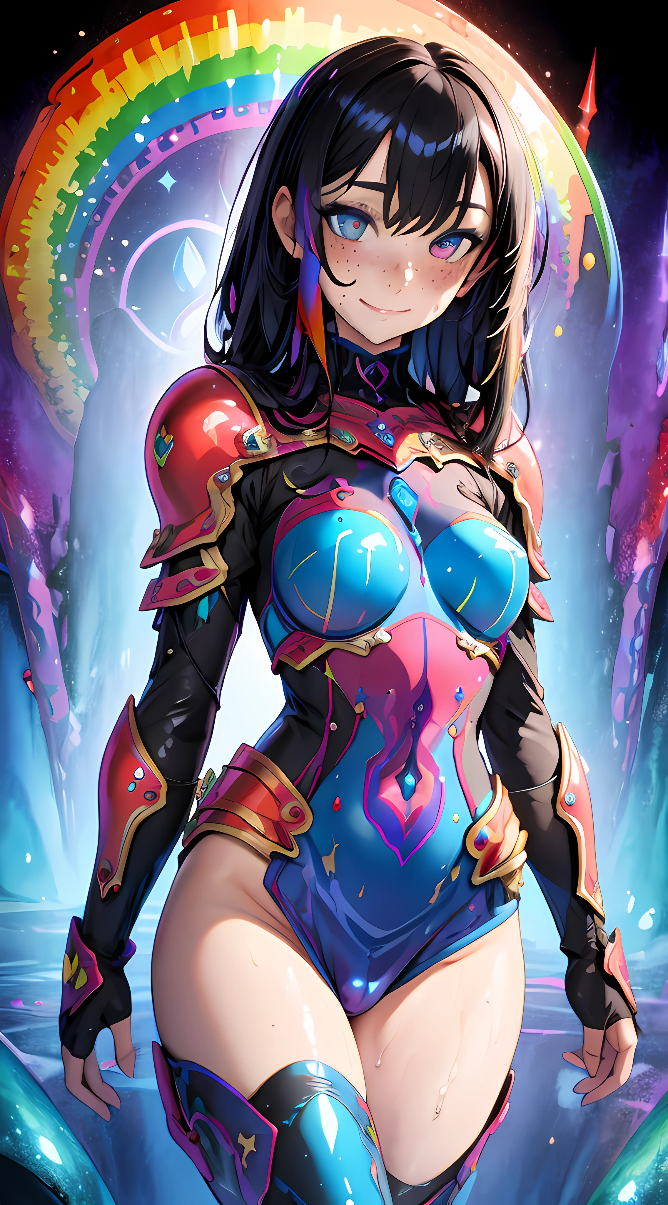 girl, freckles, armor, rainbow, grinning, wet, high quality,