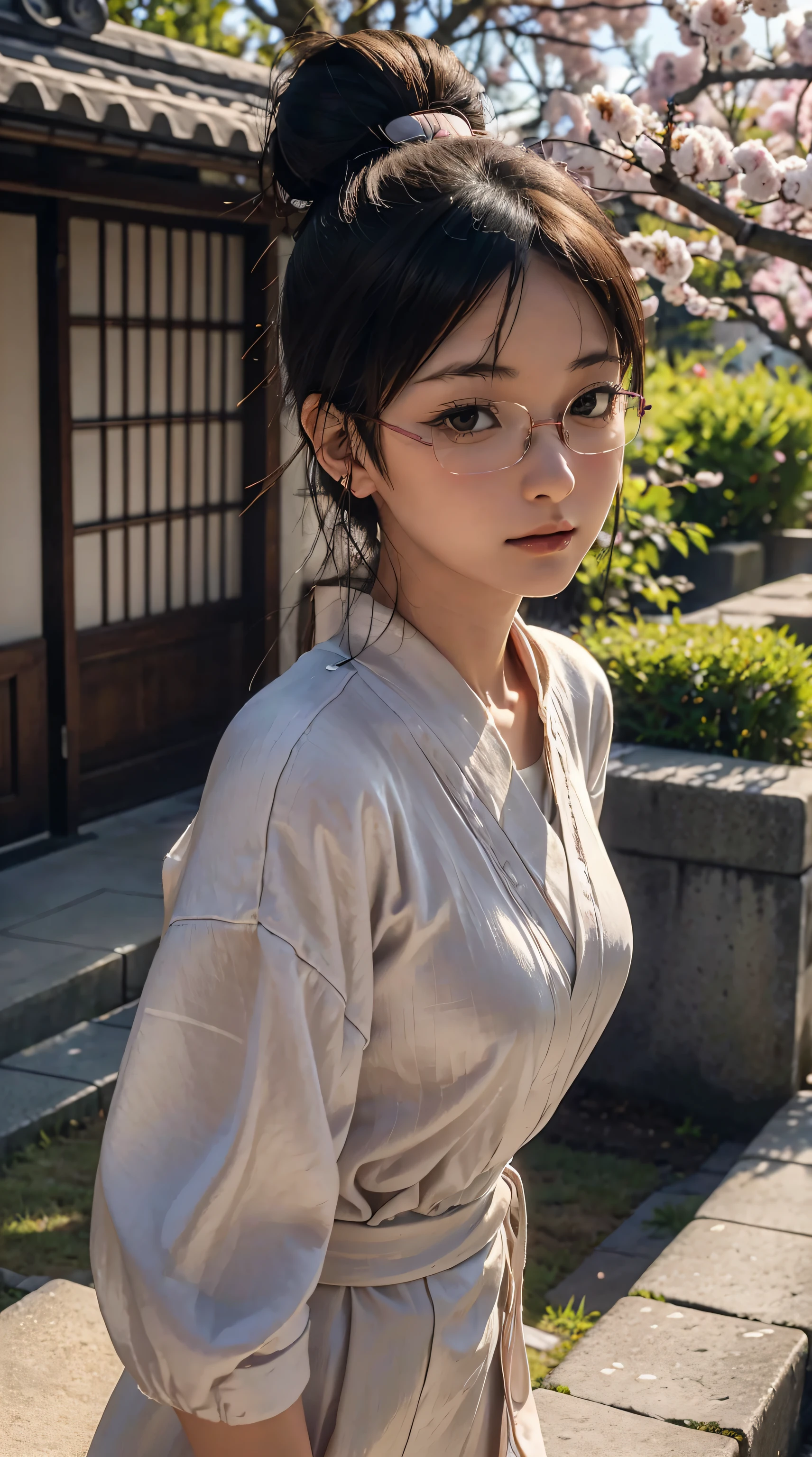 kiyoko shimizu, haikyuu, wearing glasses, hair in a bun, beautiful, beautiful woman, perfect body, perfect breasts, wearing a kimono, wearing earrings, wearing a watch, being in the garden, cherry trees, traditional Japanese house, looking at the audience, a little smile, realism , masterpiece, textured leather, super detailed, high detail, high quality, best quality, 1080p, 16k