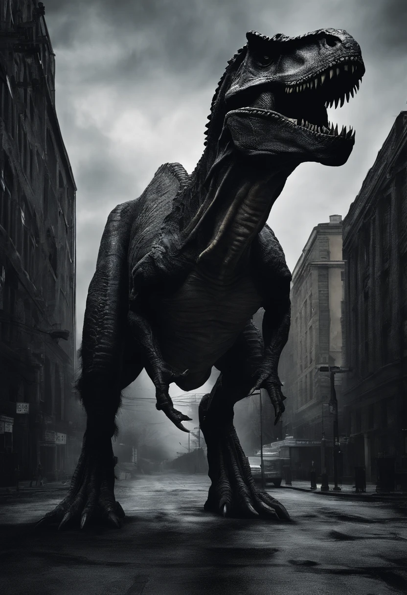 Real Tyrannosaurus rex,Giant Tyrannosaurus rex,On the street,Real street background,废墟