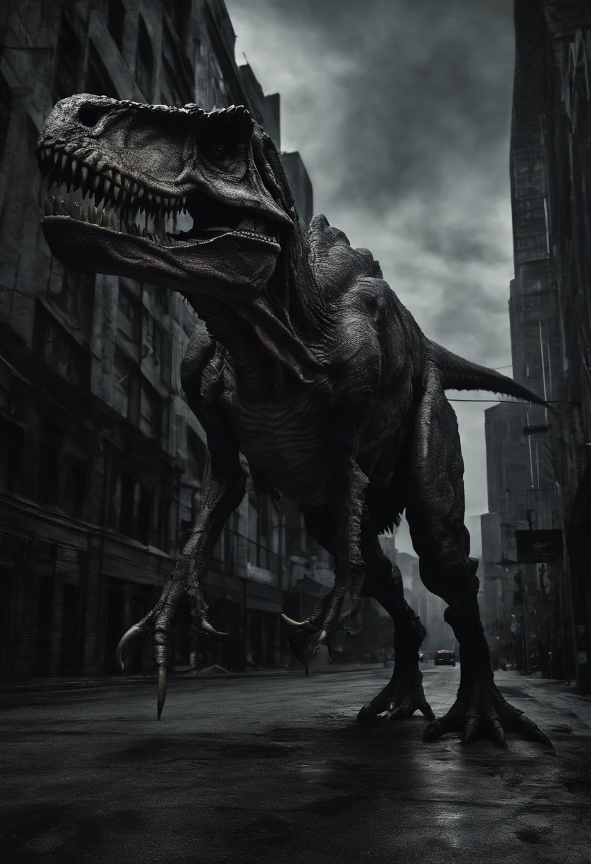 Real Tyrannosaurus rex，Giant Tyrannosaurus rex，On the street，Real street background，废墟