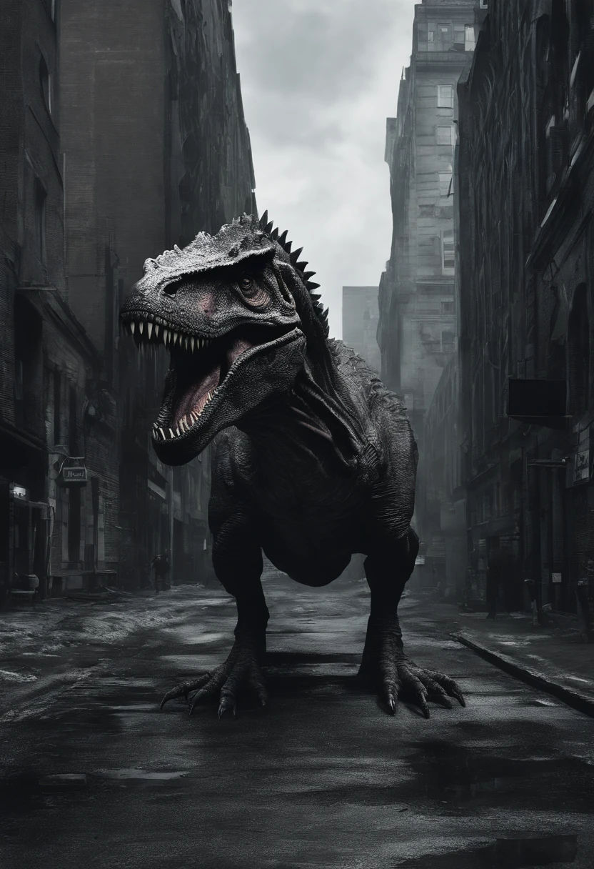 Real Tyrannosaurus rex,Giant Tyrannosaurus rex,On the street,Real street background,废墟